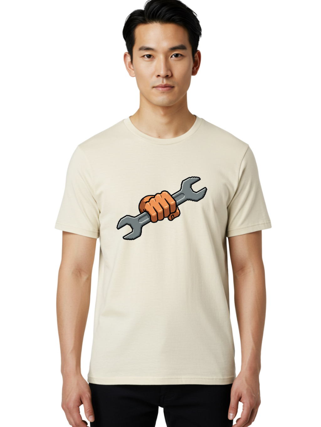 Hand-Holding-Wrench-1 Men'S Graphic Tee, 100% Cotton, Comfortable Casual Summer Wear, Machine Washable, Hand Holding Wrench, Adjustable Wrench, Repair Tool, Diy Symbol, Hand Grip, Tool Handle, Machinery Repair Bad185