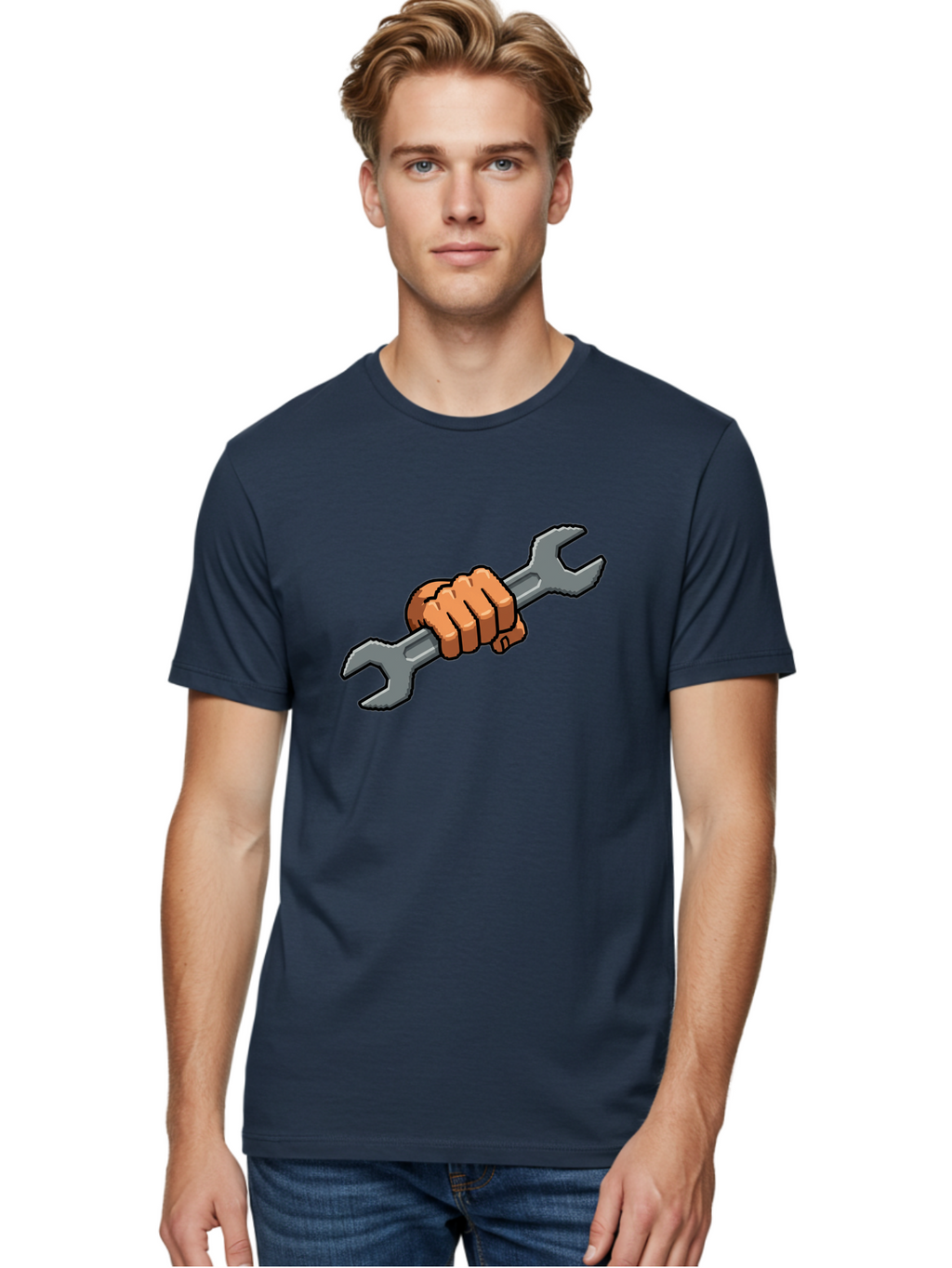 Hand-Holding-Wrench-1 Men'S Graphic Tee, 100% Cotton, Comfortable Casual Summer Wear, Machine Washable, Hand Holding Wrench, Adjustable Wrench, Repair Tool, Diy Symbol, Hand Grip, Tool Handle, Machinery Repair Bad185