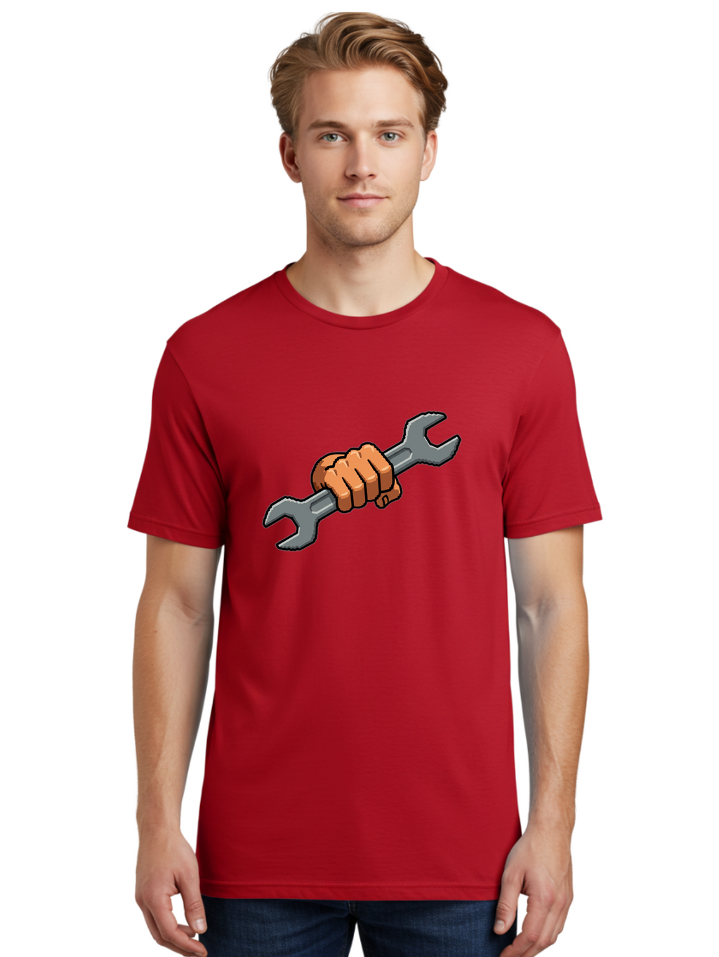Hand-Holding-Wrench-1 Men'S Graphic Tee, 100% Cotton, Comfortable Casual Summer Wear, Machine Washable, Hand Holding Wrench, Adjustable Wrench, Repair Tool, Diy Symbol, Hand Grip, Tool Handle, Machinery Repair Bad185