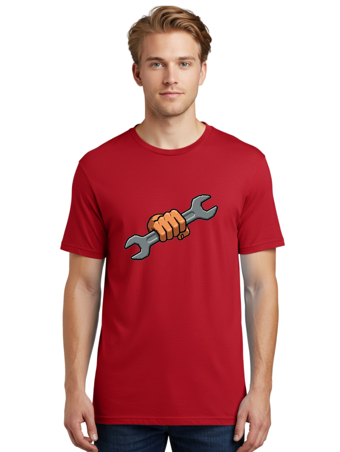 Hand-Holding-Wrench-1 Men'S Graphic Tee, 100% Cotton, Comfortable Casual Summer Wear, Machine Washable, Hand Holding Wrench, Adjustable Wrench, Repair Tool, Diy Symbol, Hand Grip, Tool Handle, Machinery Repair Bad185