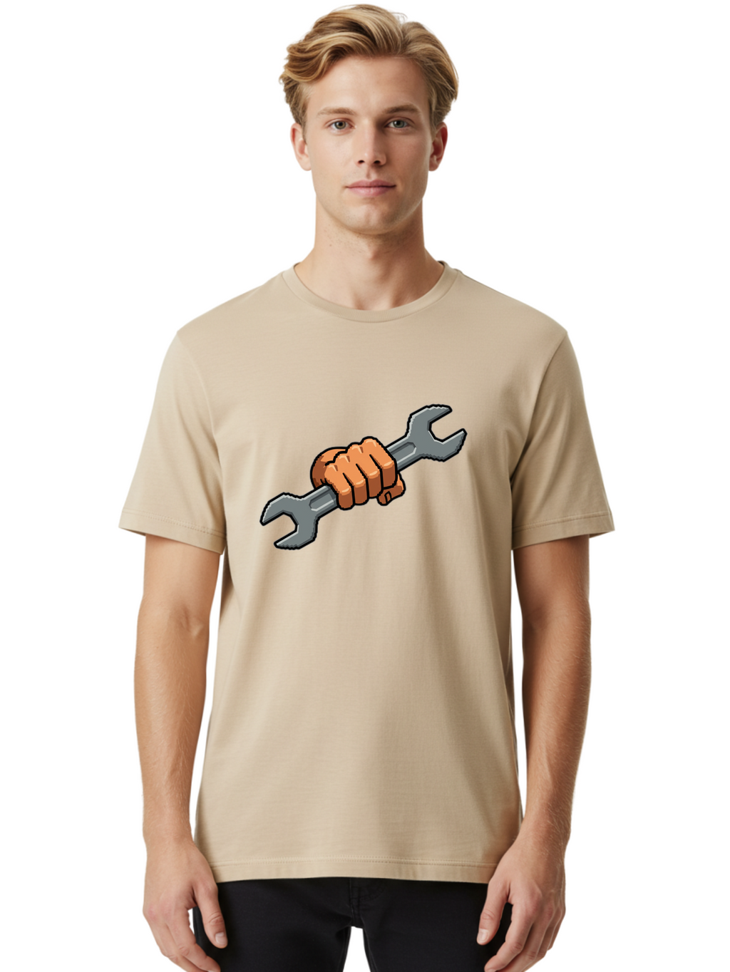 Hand-Holding-Wrench-1 Men'S Graphic Tee, 100% Cotton, Comfortable Casual Summer Wear, Machine Washable, Hand Holding Wrench, Adjustable Wrench, Repair Tool, Diy Symbol, Hand Grip, Tool Handle, Machinery Repair Bad185