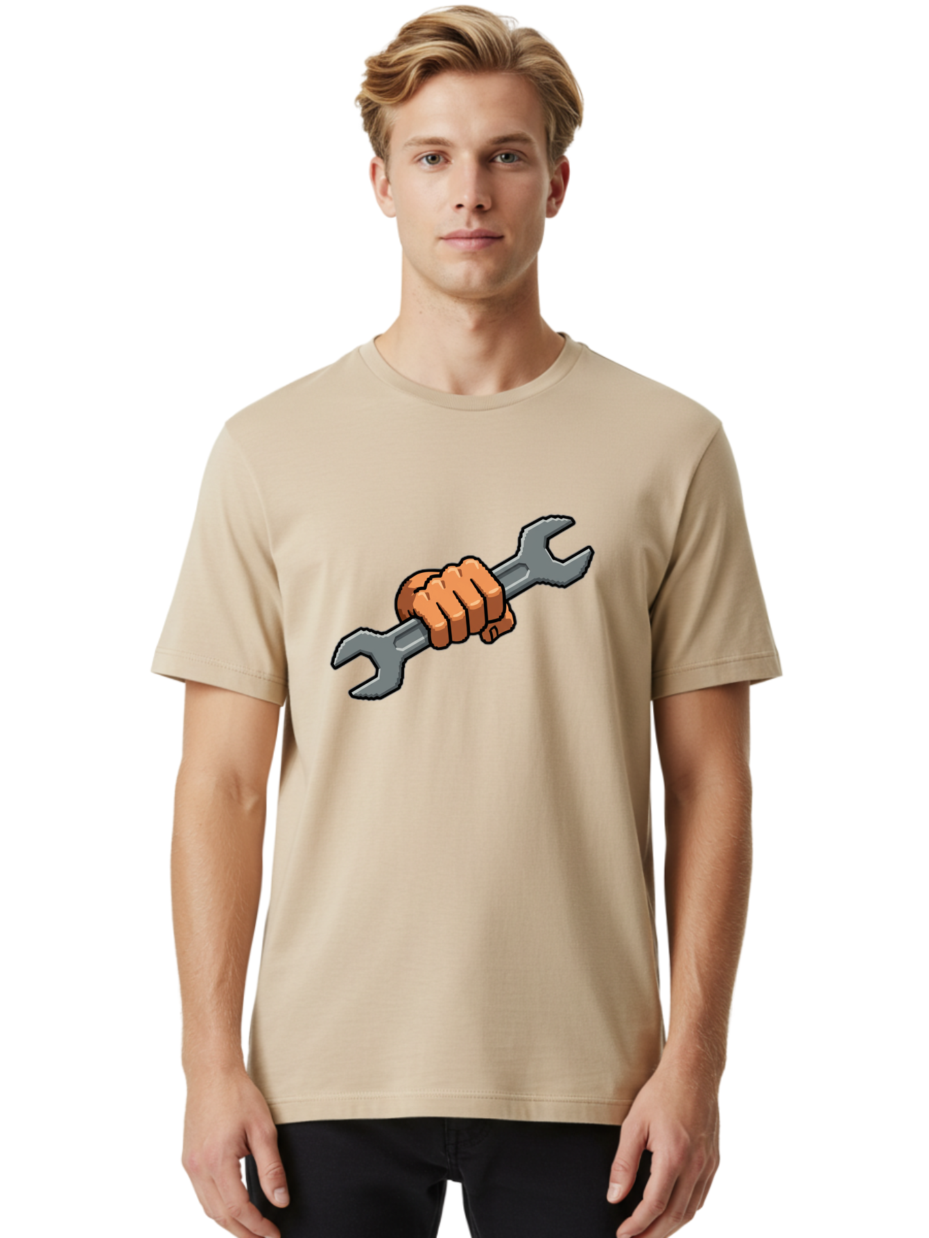 Hand-Holding-Wrench-1 Men'S Graphic Tee, 100% Cotton, Comfortable Casual Summer Wear, Machine Washable, Hand Holding Wrench, Adjustable Wrench, Repair Tool, Diy Symbol, Hand Grip, Tool Handle, Machinery Repair Bad185