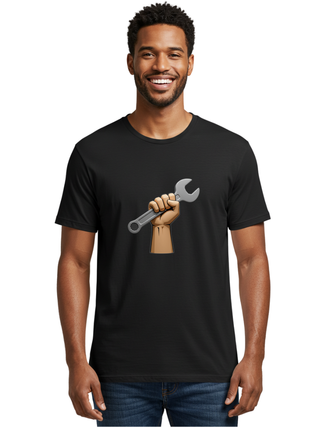 Hand-Holding-Wrench Men'S Graphic Tee, 100% Cotton, Comfortable Casual Summer Wear, Machine Washable, Cartoon Hand Holding Wrench, Hand Gripping Spanner, Adjustable Wrench, Diy Tool, Repair Equipment, Maintenance Symbol, Hand Tool Bad186