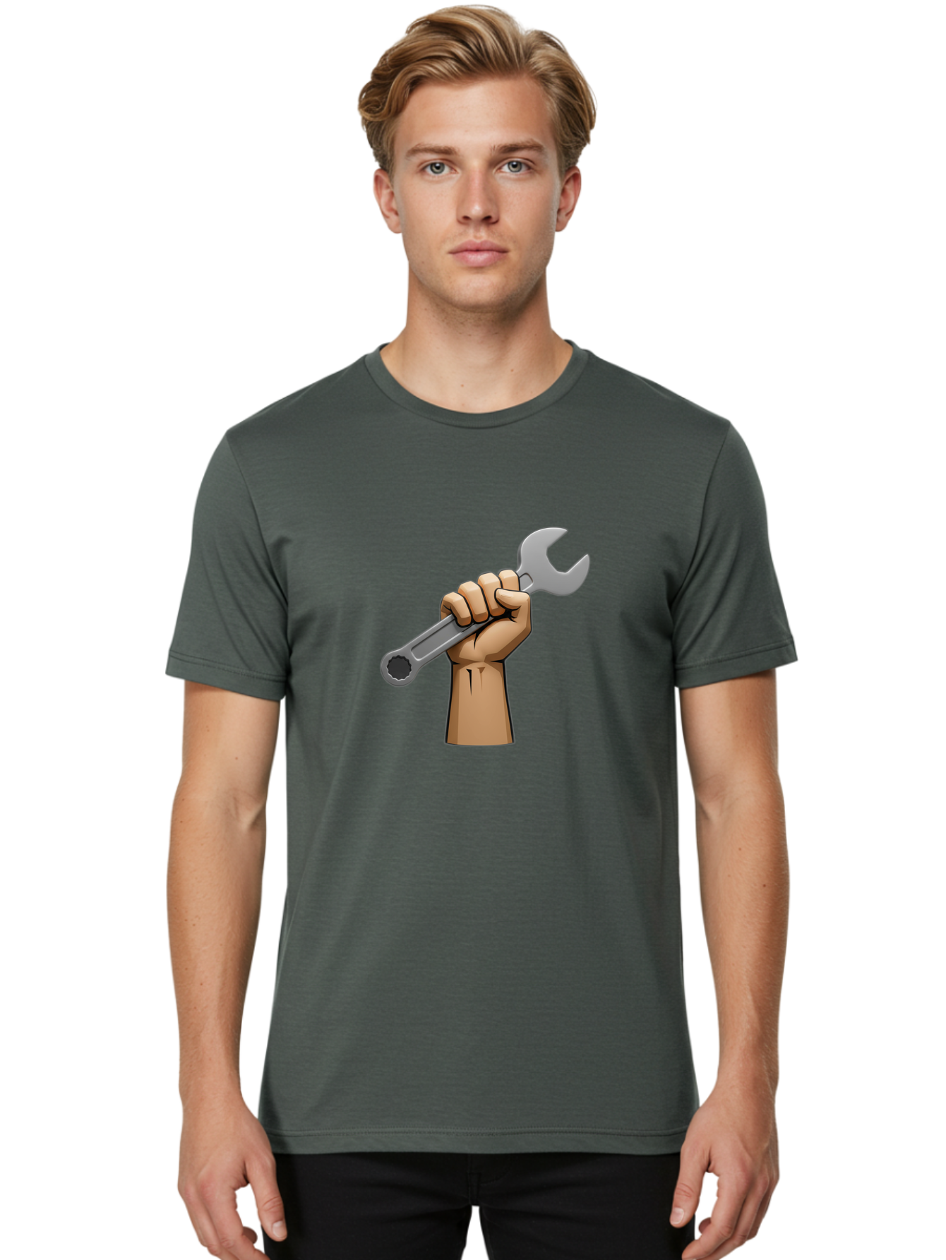Hand-Holding-Wrench Men'S Graphic Tee, 100% Cotton, Comfortable Casual Summer Wear, Machine Washable, Cartoon Hand Holding Wrench, Hand Gripping Spanner, Adjustable Wrench, Diy Tool, Repair Equipment, Maintenance Symbol, Hand Tool Bad186