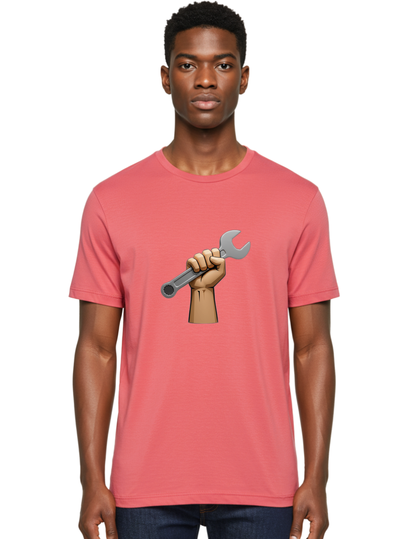 Hand-Holding-Wrench Men'S Graphic Tee, 100% Cotton, Comfortable Casual Summer Wear, Machine Washable, Cartoon Hand Holding Wrench, Hand Gripping Spanner, Adjustable Wrench, Diy Tool, Repair Equipment, Maintenance Symbol, Hand Tool Bad186