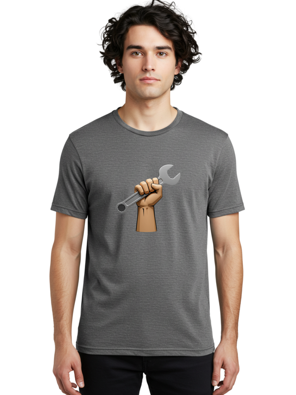 Hand-Holding-Wrench Men'S Graphic Tee, 100% Cotton, Comfortable Casual Summer Wear, Machine Washable, Cartoon Hand Holding Wrench, Hand Gripping Spanner, Adjustable Wrench, Diy Tool, Repair Equipment, Maintenance Symbol, Hand Tool Bad186