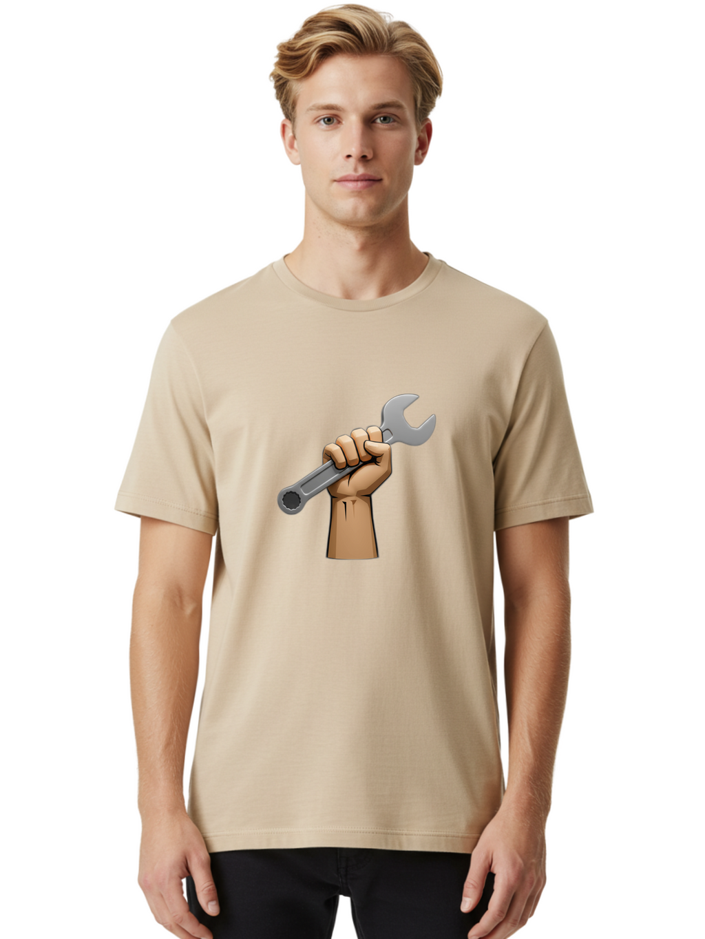 Hand-Holding-Wrench Men'S Graphic Tee, 100% Cotton, Comfortable Casual Summer Wear, Machine Washable, Cartoon Hand Holding Wrench, Hand Gripping Spanner, Adjustable Wrench, Diy Tool, Repair Equipment, Maintenance Symbol, Hand Tool Bad186
