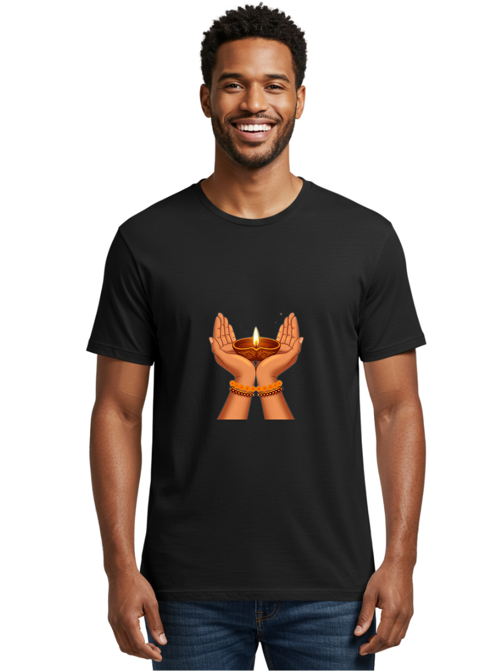 Hands-Holding-Diwali-Diya Men'S Graphic Tee, 100% Cotton, Comfortable Casual Summer Wear, Machine Washable, Hands Holding Diya, Diwali Celebration, Traditional Lamp, Indian Culture, Festive Atmosphere, Religious Symbol, Peace, Prosperity, Bad187