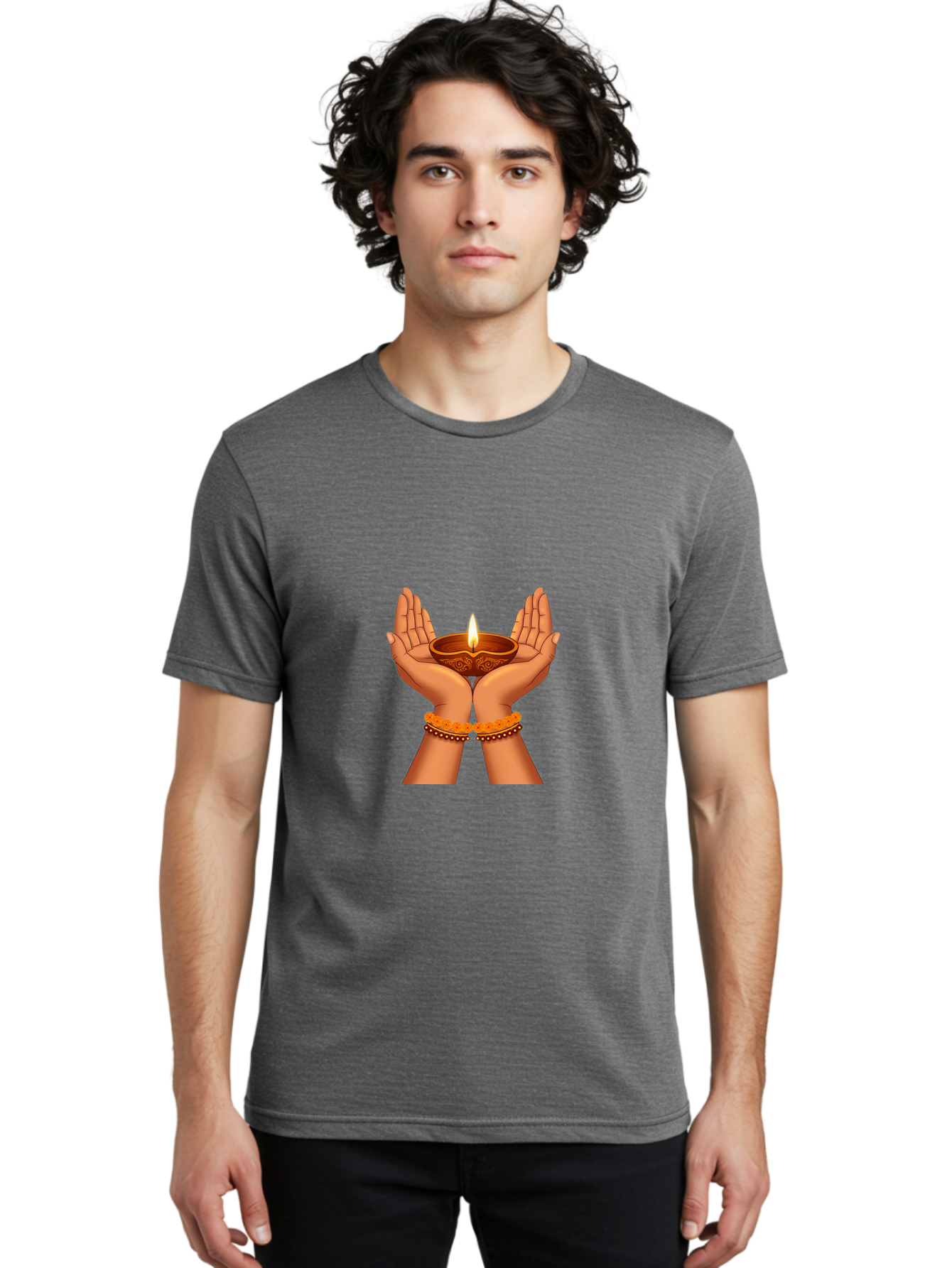 Hands-Holding-Diwali-Diya Men'S Graphic Tee, 100% Cotton, Comfortable Casual Summer Wear, Machine Washable, Hands Holding Diya, Diwali Celebration, Traditional Lamp, Indian Culture, Festive Atmosphere, Religious Symbol, Peace, Prosperity, Bad187