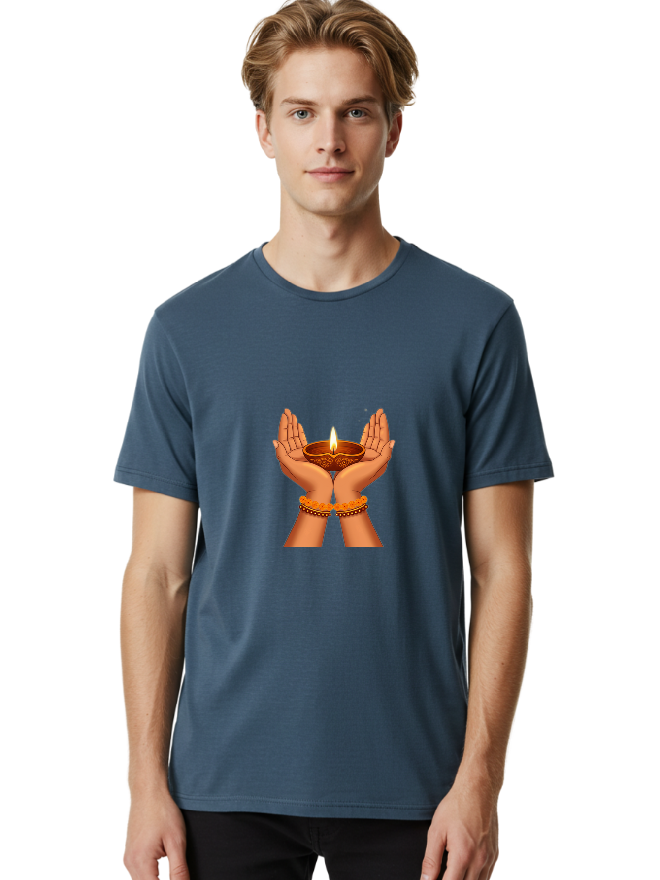 Hands-Holding-Diwali-Diya Men'S Graphic Tee, 100% Cotton, Comfortable Casual Summer Wear, Machine Washable, Hands Holding Diya, Diwali Celebration, Traditional Lamp, Indian Culture, Festive Atmosphere, Religious Symbol, Peace, Prosperity, Bad187