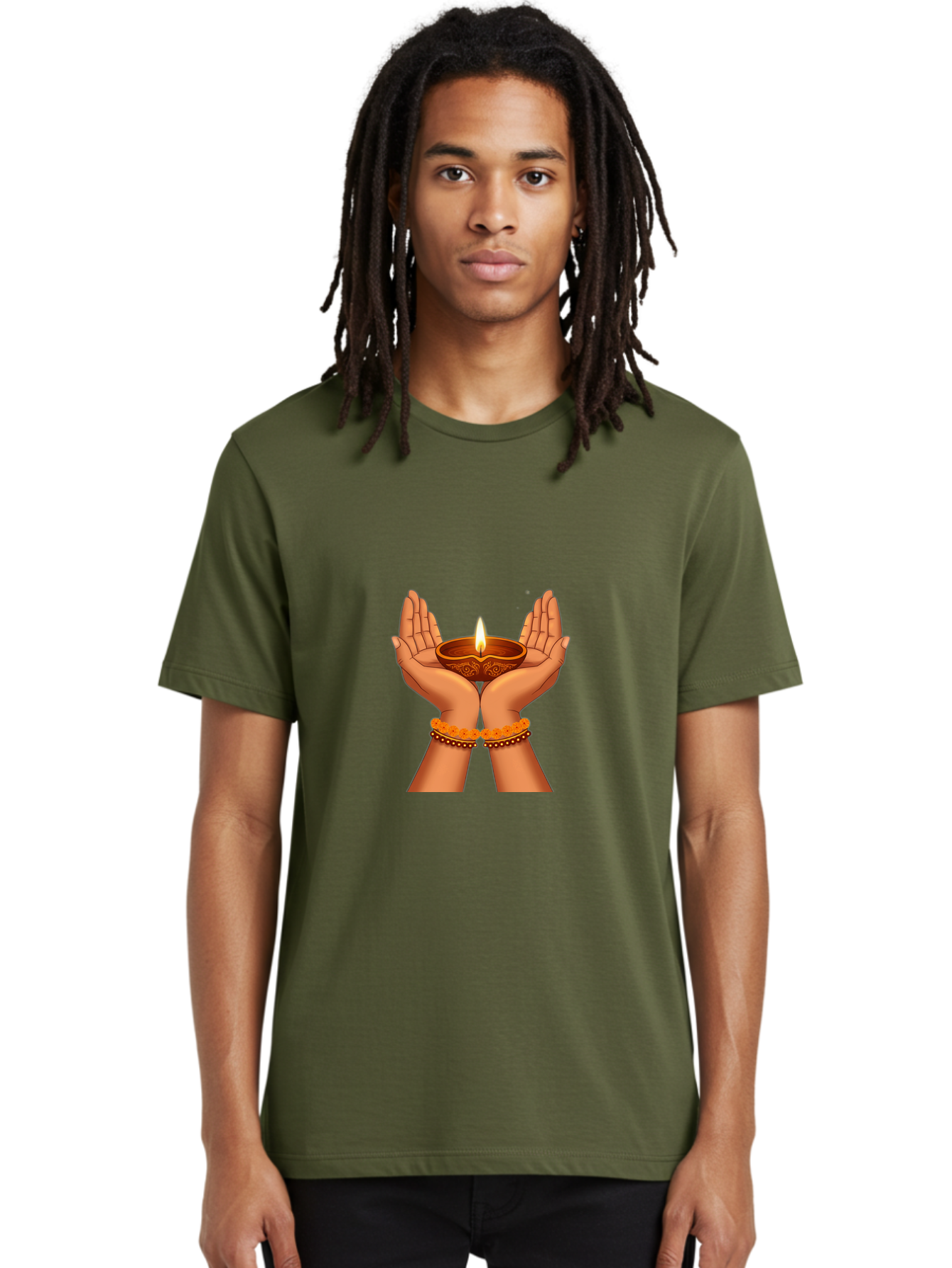 Hands-Holding-Diwali-Diya Men'S Graphic Tee, 100% Cotton, Comfortable Casual Summer Wear, Machine Washable, Hands Holding Diya, Diwali Celebration, Traditional Lamp, Indian Culture, Festive Atmosphere, Religious Symbol, Peace, Prosperity, Bad187