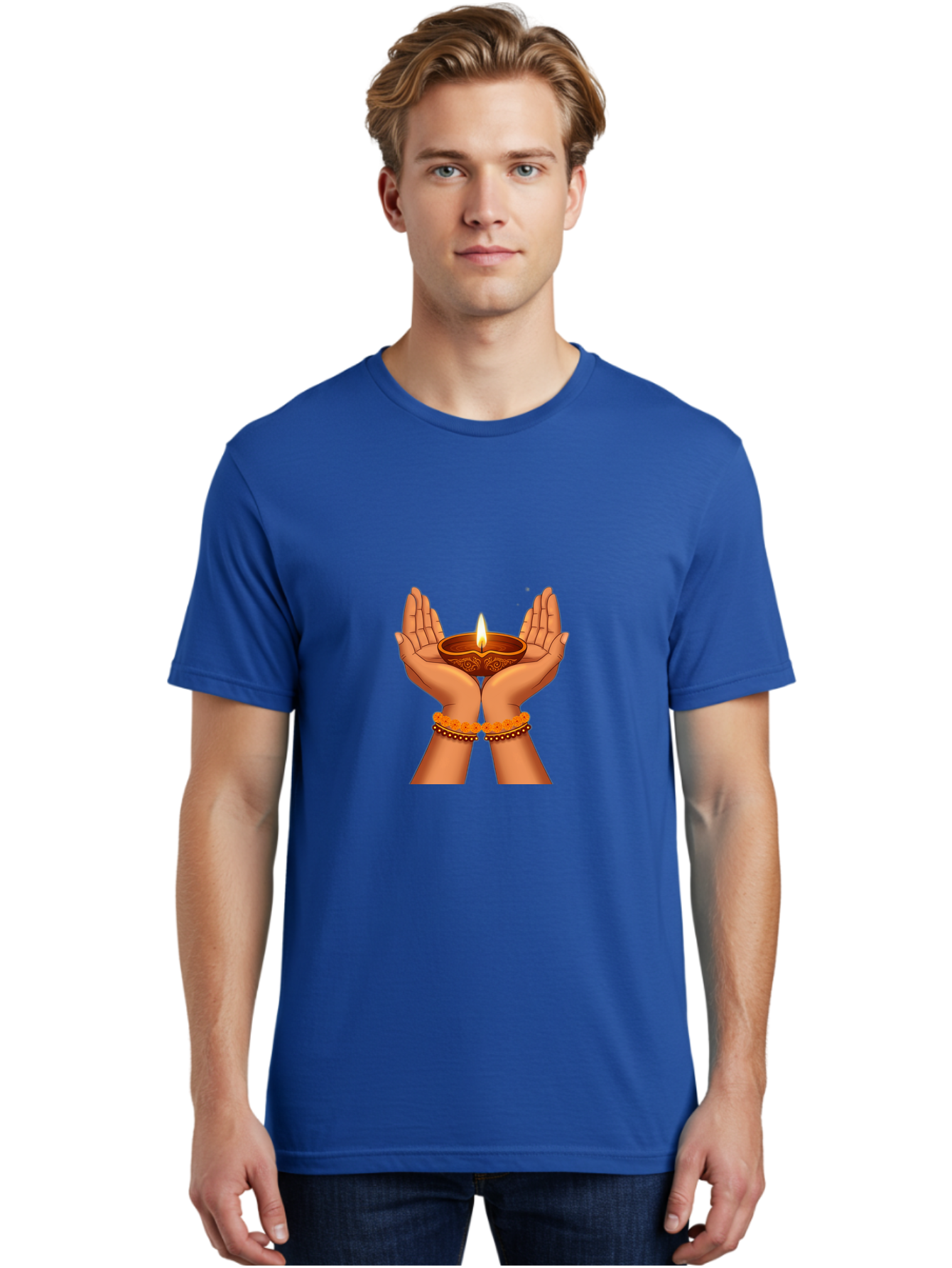 Hands-Holding-Diwali-Diya Men'S Graphic Tee, 100% Cotton, Comfortable Casual Summer Wear, Machine Washable, Hands Holding Diya, Diwali Celebration, Traditional Lamp, Indian Culture, Festive Atmosphere, Religious Symbol, Peace, Prosperity, Bad187