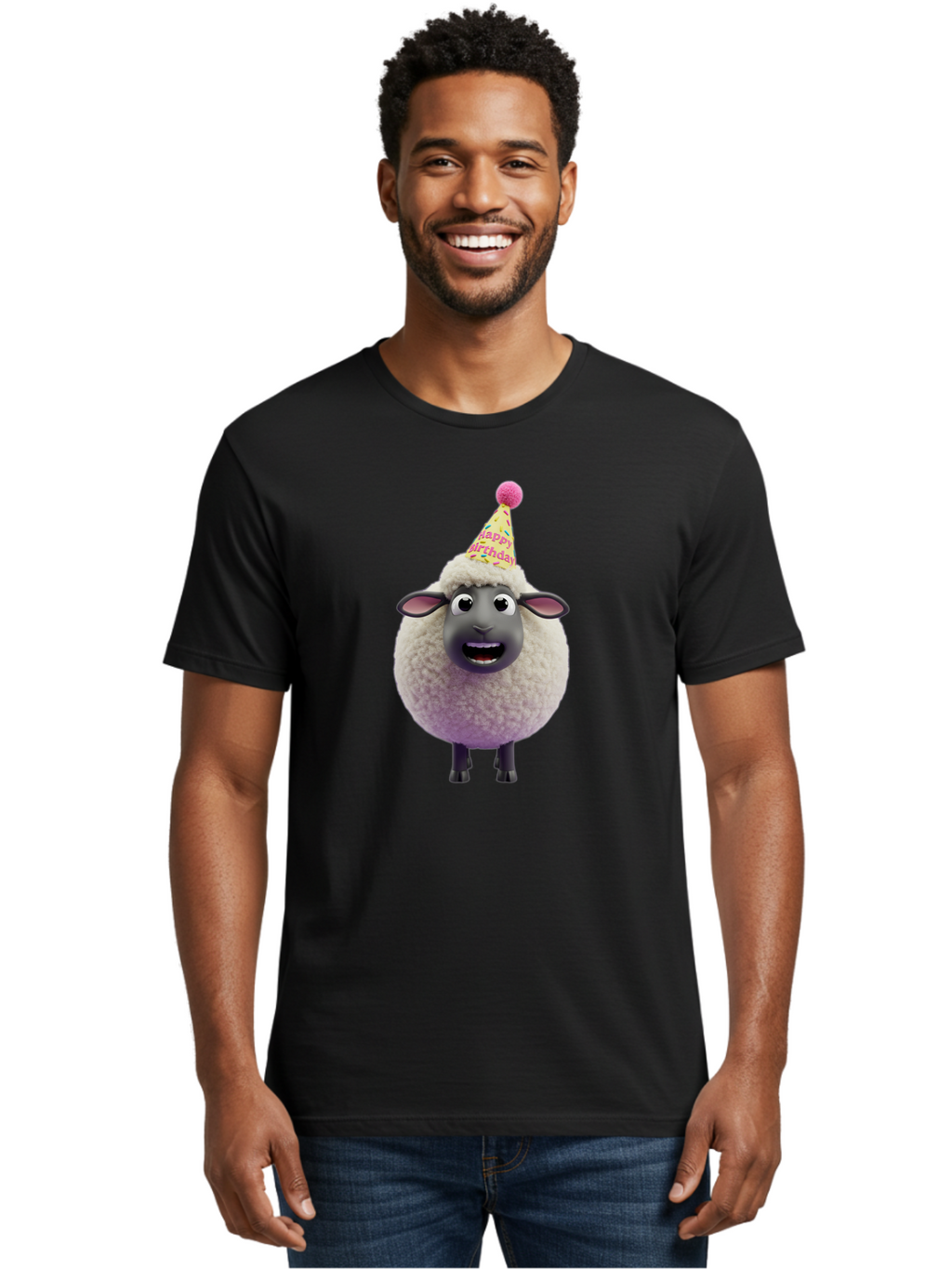 Happy-Birthday-Sheep Men'S Graphic Tee, 100% Cotton, Comfortable Casual Summer Wear, Machine Washable, Sheep In Party Hat, Happy Birthday, Cute Cartoon Character, Funny Animal, Celebration, Birthday Party, Fluffy Sheep, Cartoon Sheep, Bad189