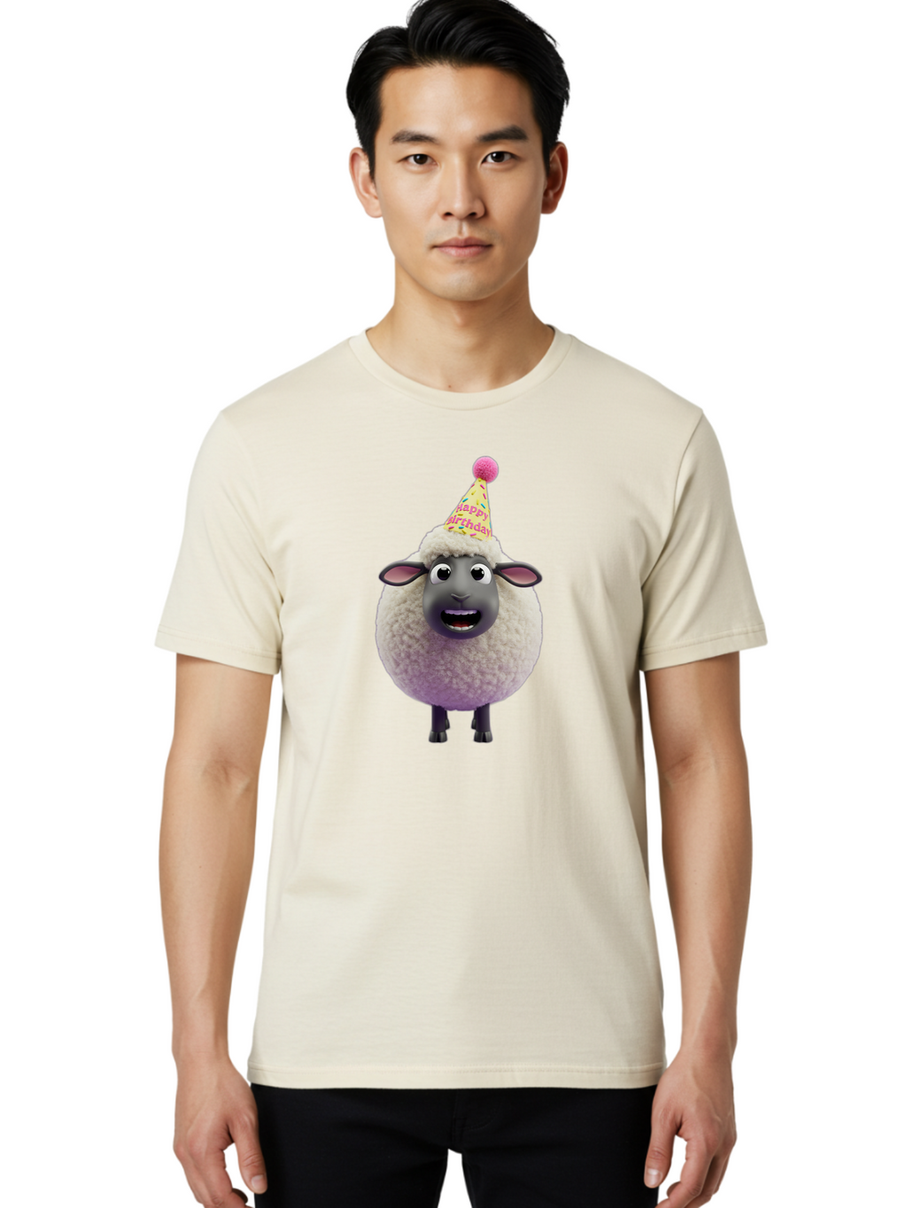 Happy-Birthday-Sheep Men'S Graphic Tee, 100% Cotton, Comfortable Casual Summer Wear, Machine Washable, Sheep In Party Hat, Happy Birthday, Cute Cartoon Character, Funny Animal, Celebration, Birthday Party, Fluffy Sheep, Cartoon Sheep, Bad189