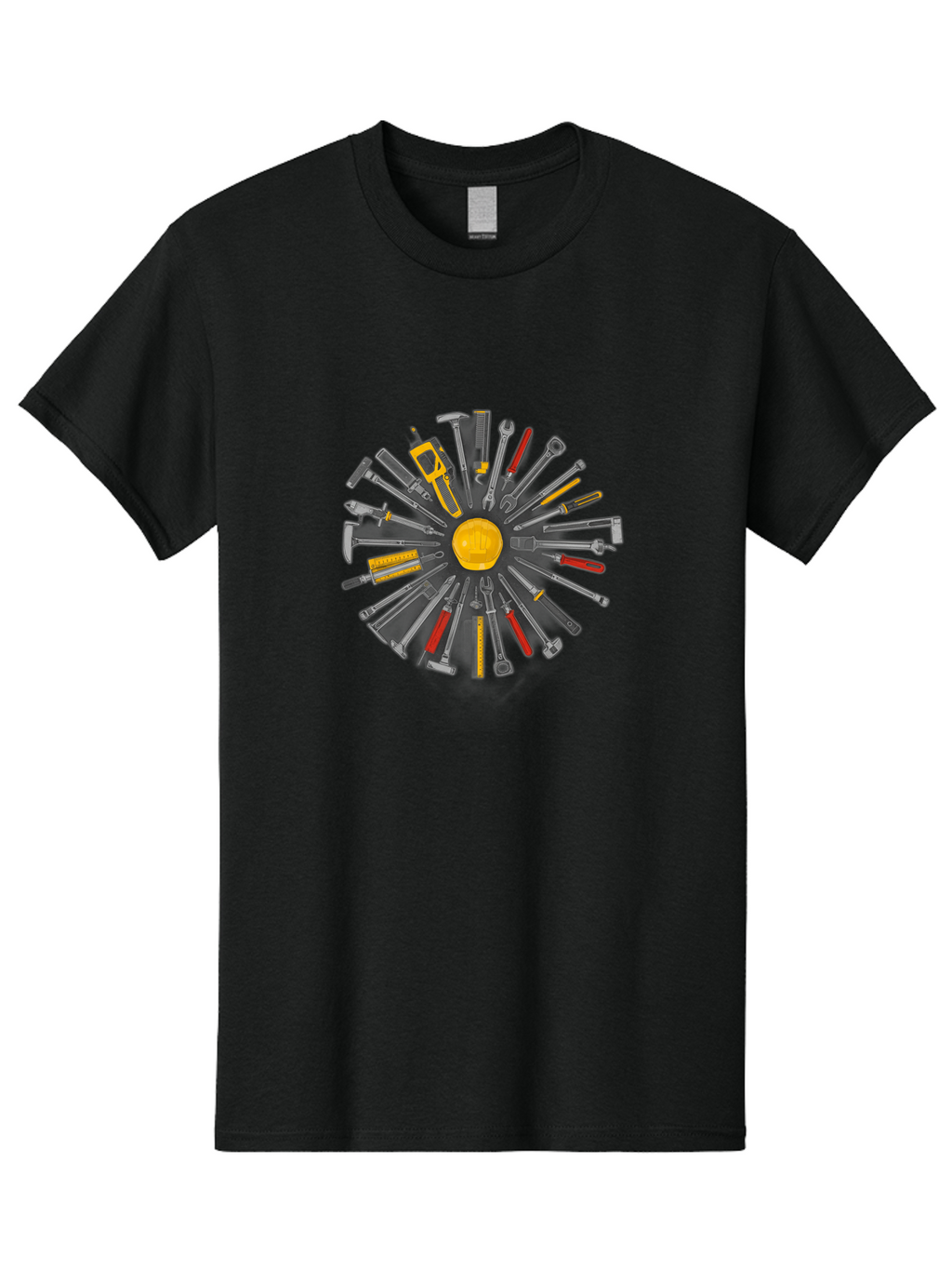 Hard-Hat-And-Tools Men'S Graphic Tee, 100% Cotton, Comfortable Casual Summer Wear, Machine Washable, Toolbox Surrounded By Pliers, Wrenches, Hammers, Screwdrivers, Utility Knife, Tape Measure, Hand Saw, Tool Set, Construction Tools, Bad192