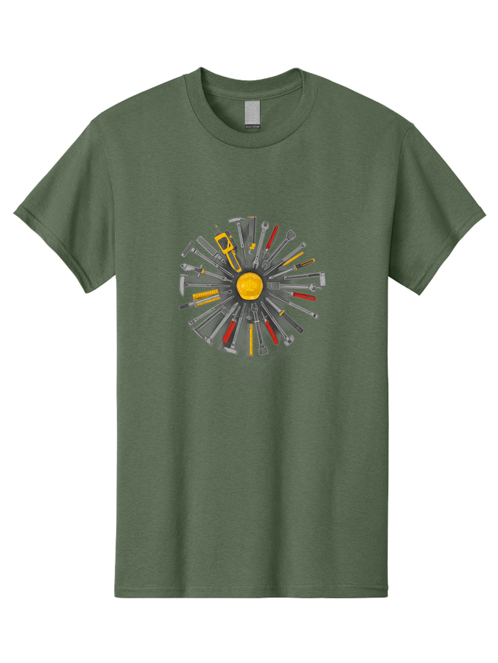 Hard-Hat-And-Tools Men'S Graphic Tee, 100% Cotton, Comfortable Casual Summer Wear, Machine Washable, Toolbox Surrounded By Pliers, Wrenches, Hammers, Screwdrivers, Utility Knife, Tape Measure, Hand Saw, Tool Set, Construction Tools, Bad192