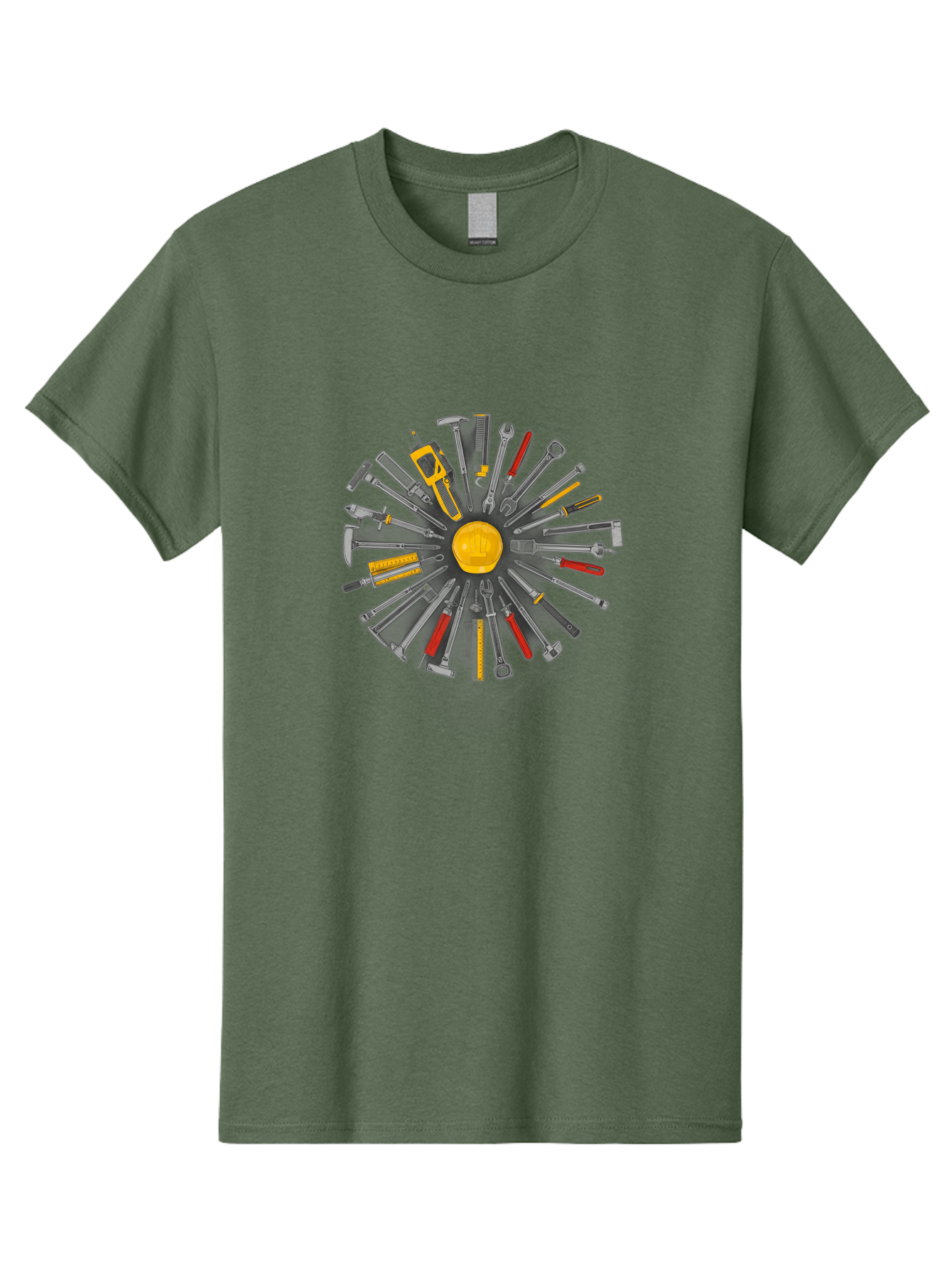Hard-Hat-And-Tools Men'S Graphic Tee, 100% Cotton, Comfortable Casual Summer Wear, Machine Washable, Toolbox Surrounded By Pliers, Wrenches, Hammers, Screwdrivers, Utility Knife, Tape Measure, Hand Saw, Tool Set, Construction Tools, Bad192