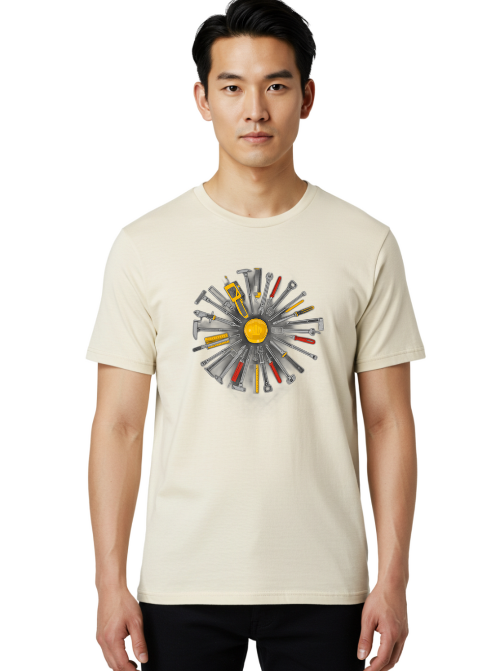 Hard-Hat-And-Tools Men'S Graphic Tee, 100% Cotton, Comfortable Casual Summer Wear, Machine Washable, Toolbox Surrounded By Pliers, Wrenches, Hammers, Screwdrivers, Utility Knife, Tape Measure, Hand Saw, Tool Set, Construction Tools, Bad192