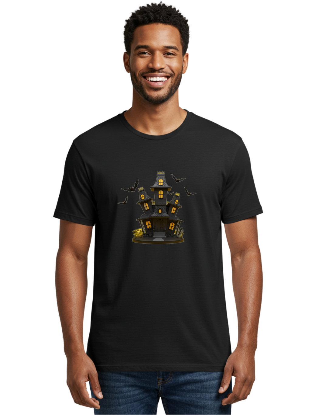 Haunted-Mansion Men'S Graphic Tee, 100% Cotton, Comfortable Casual Summer Wear, Machine Washable, Haunted House, Spooky Mansion, Halloween Decorations, Dark Brown House, Yellow Windows, Ghostly Bats, Eerie Atmosphere, Creepy Decor, Bad193