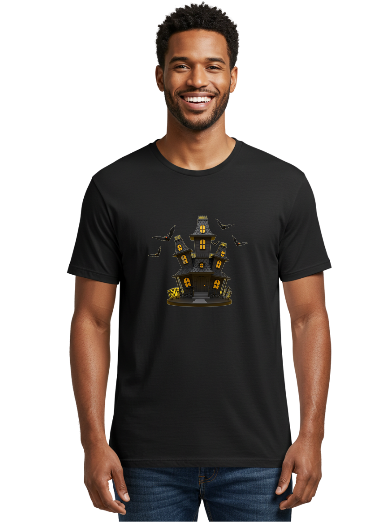 Haunted-Mansion Men'S Graphic Tee, 100% Cotton, Comfortable Casual Summer Wear, Machine Washable, Haunted House, Spooky Mansion, Halloween Decorations, Dark Brown House, Yellow Windows, Ghostly Bats, Eerie Atmosphere, Creepy Decor, Bad193