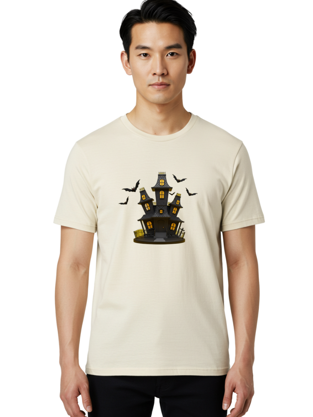 Haunted-Mansion Men'S Graphic Tee, 100% Cotton, Comfortable Casual Summer Wear, Machine Washable, Haunted House, Spooky Mansion, Halloween Decorations, Dark Brown House, Yellow Windows, Ghostly Bats, Eerie Atmosphere, Creepy Decor, Bad193