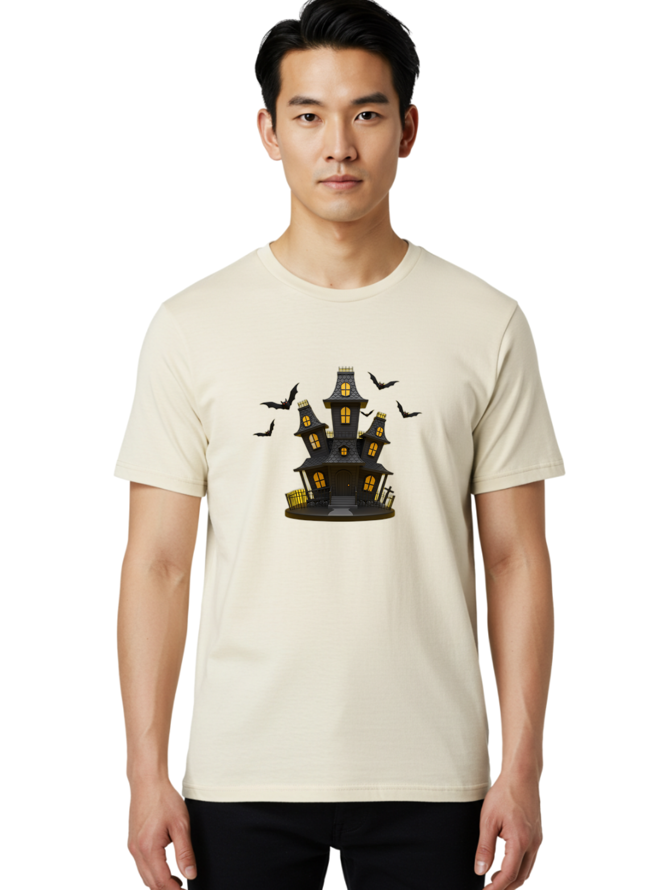 Haunted-Mansion Men'S Graphic Tee, 100% Cotton, Comfortable Casual Summer Wear, Machine Washable, Haunted House, Spooky Mansion, Halloween Decorations, Dark Brown House, Yellow Windows, Ghostly Bats, Eerie Atmosphere, Creepy Decor, Bad193