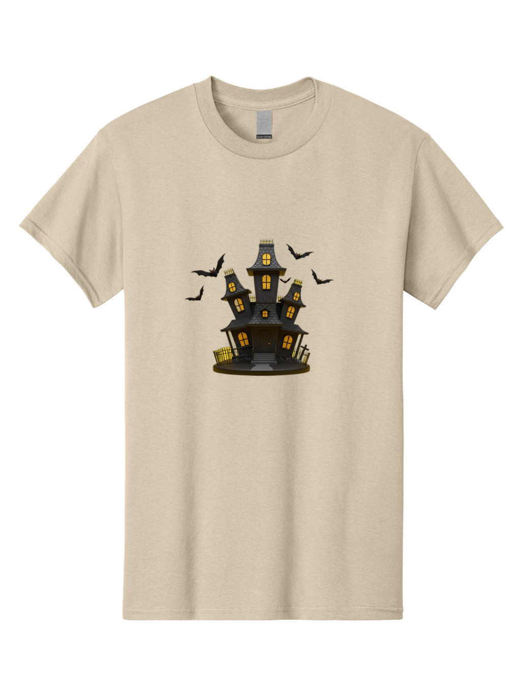 Haunted-Mansion Men'S Graphic Tee, 100% Cotton, Comfortable Casual Summer Wear, Machine Washable, Haunted House, Spooky Mansion, Halloween Decorations, Dark Brown House, Yellow Windows, Ghostly Bats, Eerie Atmosphere, Creepy Decor, Bad193