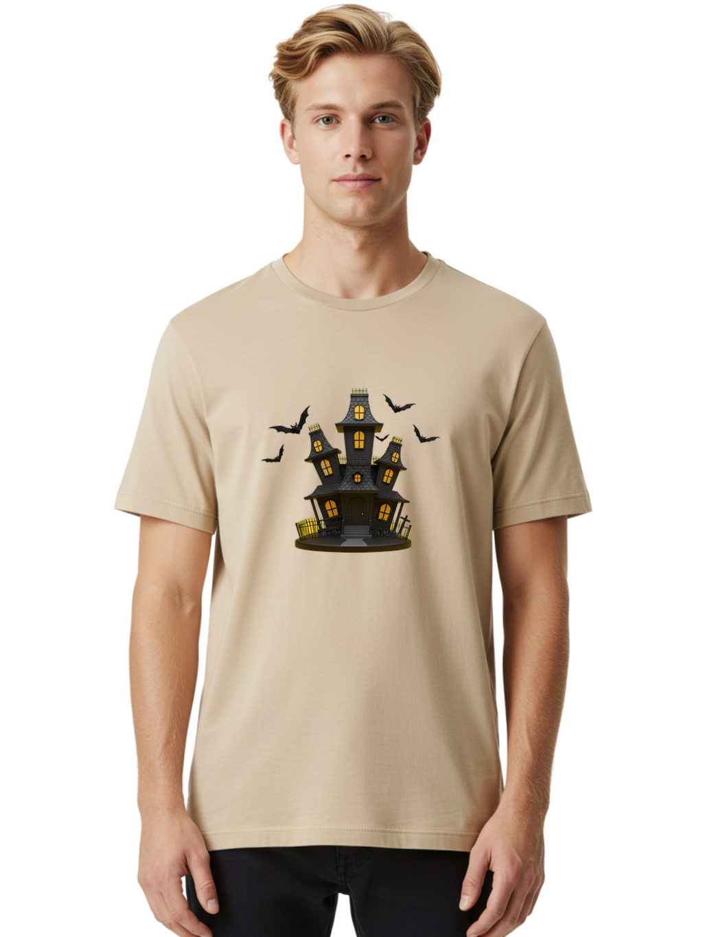 Haunted-Mansion Men'S Graphic Tee, 100% Cotton, Comfortable Casual Summer Wear, Machine Washable, Haunted House, Spooky Mansion, Halloween Decorations, Dark Brown House, Yellow Windows, Ghostly Bats, Eerie Atmosphere, Creepy Decor, Bad193
