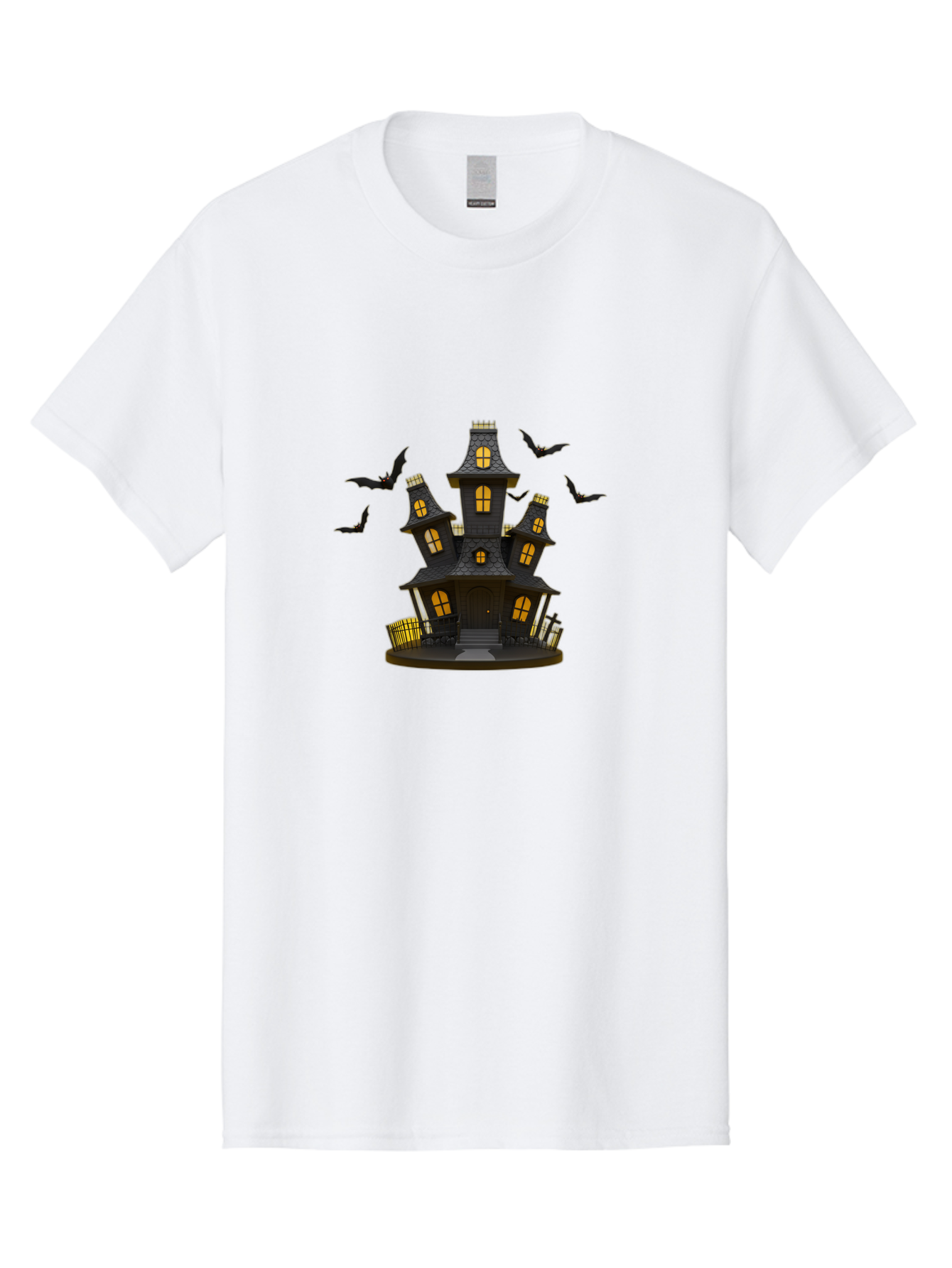 Haunted-Mansion Men'S Graphic Tee, 100% Cotton, Comfortable Casual Summer Wear, Machine Washable, Haunted House, Spooky Mansion, Halloween Decorations, Dark Brown House, Yellow Windows, Ghostly Bats, Eerie Atmosphere, Creepy Decor, Bad193