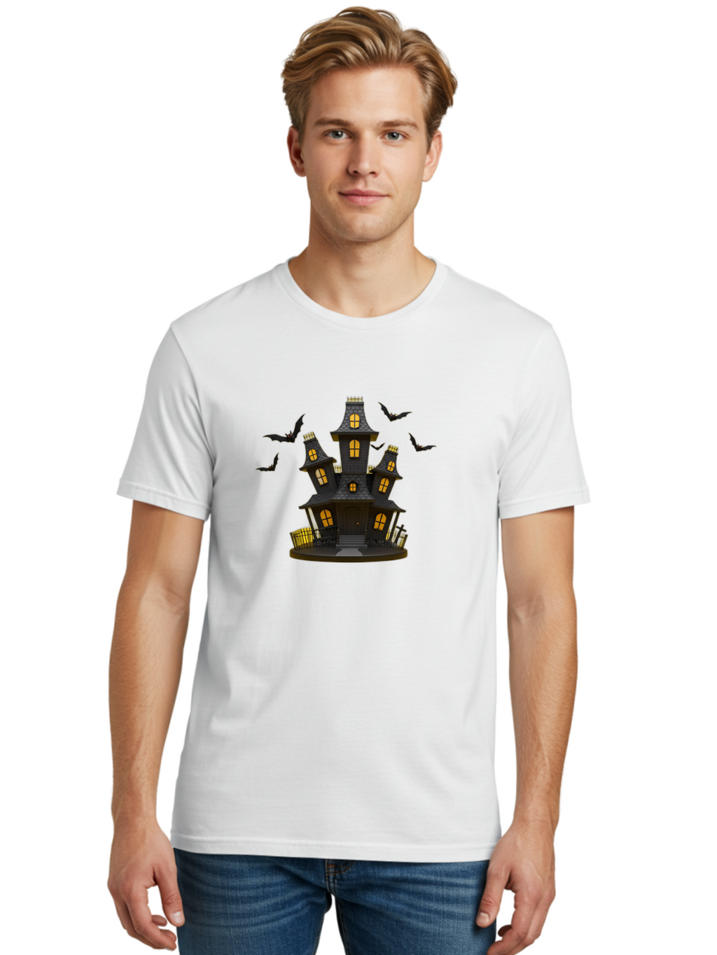 Haunted-Mansion Men'S Graphic Tee, 100% Cotton, Comfortable Casual Summer Wear, Machine Washable, Haunted House, Spooky Mansion, Halloween Decorations, Dark Brown House, Yellow Windows, Ghostly Bats, Eerie Atmosphere, Creepy Decor, Bad193