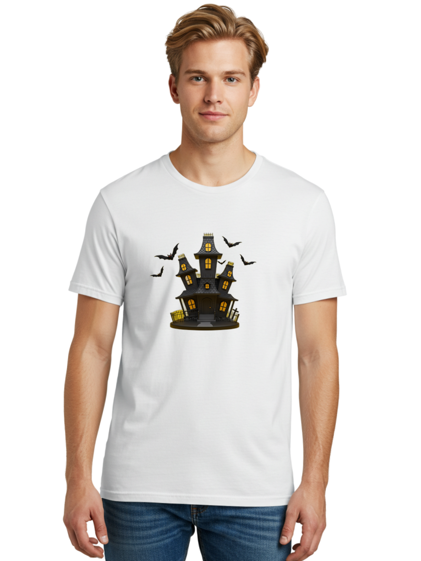 Haunted-Mansion Men'S Graphic Tee, 100% Cotton, Comfortable Casual Summer Wear, Machine Washable, Haunted House, Spooky Mansion, Halloween Decorations, Dark Brown House, Yellow Windows, Ghostly Bats, Eerie Atmosphere, Creepy Decor, Bad193