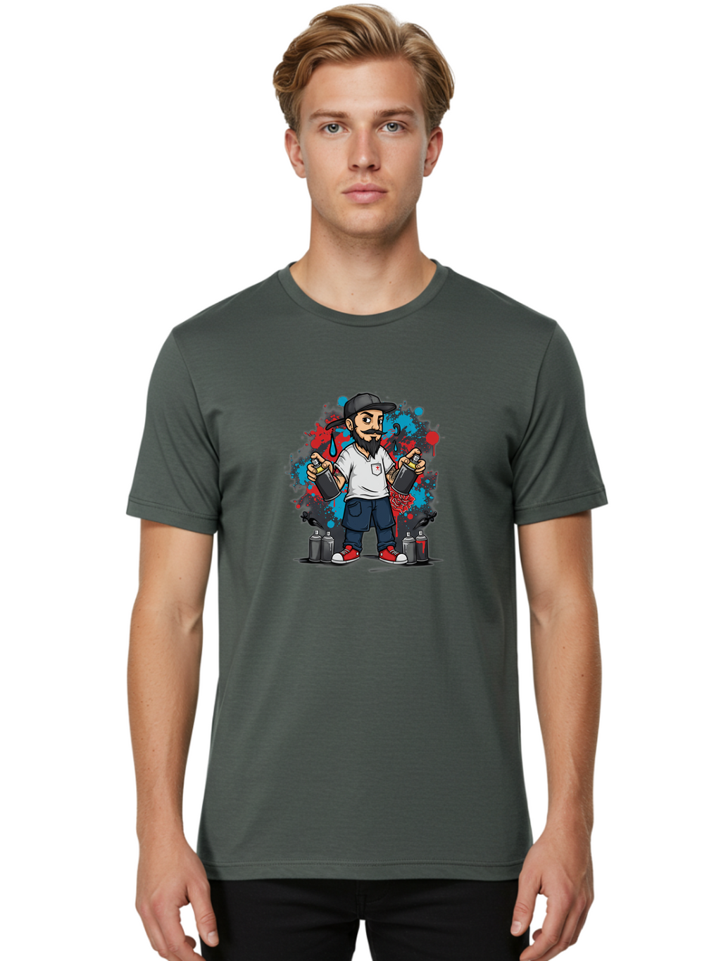Hip-Hop-Bearded-Man Men'S Graphic Tee, 100% Cotton, Comfortable Casual Summer Wear, Machine Washable, Street Art, Graffiti Artist, Urban Culture, Spray Paint, Vibrant Colors, Bold Expression, Artistic Creativity, Tattooed Arms, Casual Wear Bad195
