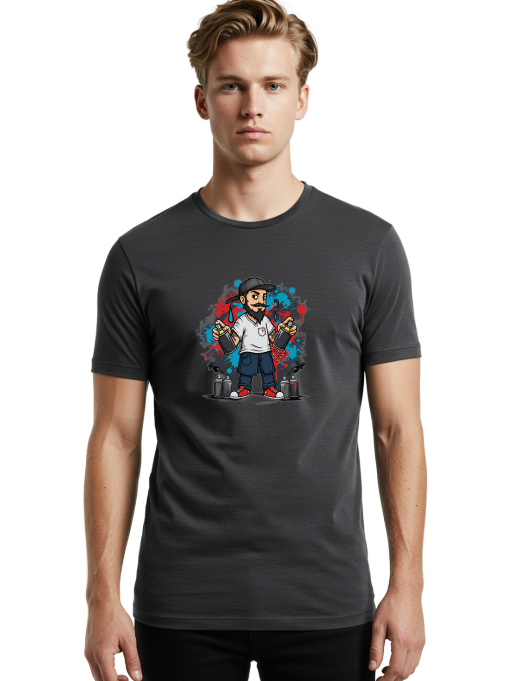 Hip-Hop-Bearded-Man Men'S Graphic Tee, 100% Cotton, Comfortable Casual Summer Wear, Machine Washable, Street Art, Graffiti Artist, Urban Culture, Spray Paint, Vibrant Colors, Bold Expression, Artistic Creativity, Tattooed Arms, Casual Wear Bad195