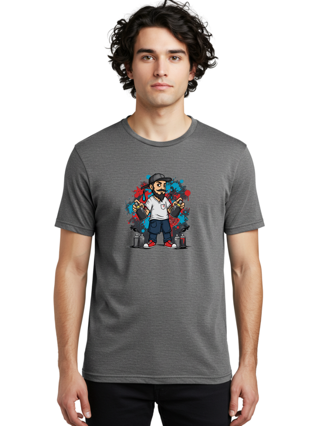 Hip-Hop-Bearded-Man Men'S Graphic Tee, 100% Cotton, Comfortable Casual Summer Wear, Machine Washable, Street Art, Graffiti Artist, Urban Culture, Spray Paint, Vibrant Colors, Bold Expression, Artistic Creativity, Tattooed Arms, Casual Wear Bad195
