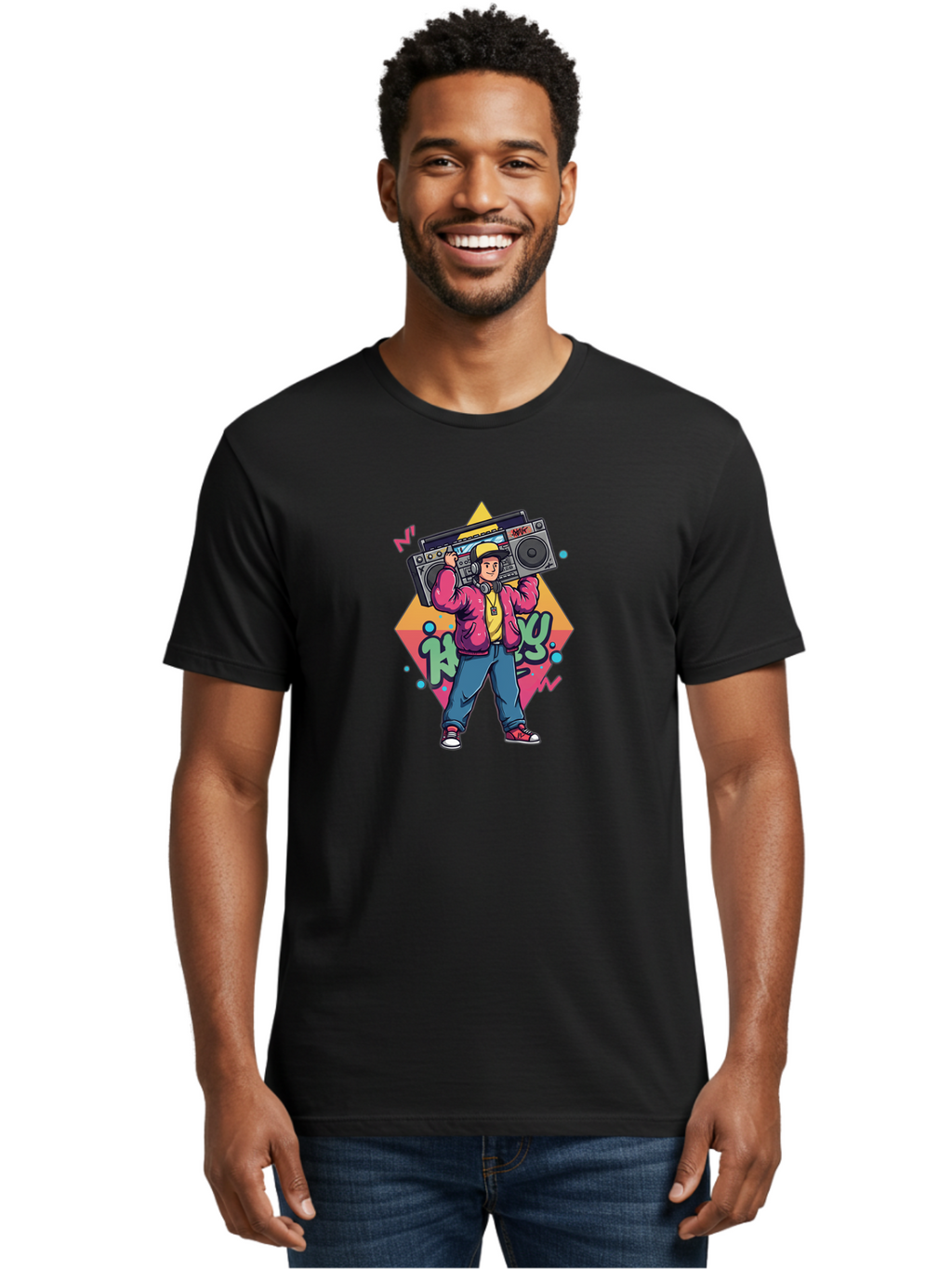 Hip-Hop-Boy Men'S Graphic Tee, 100% Cotton, Comfortable Casual Summer Wear, Machine Washable, Hip Hop Culture, Streetwear Fashion, Boombox Music, Graffiti Art, Retro Style, Urban Lifestyle, Cool Attitude, Vintage Vibes, Rap Music, Bad196