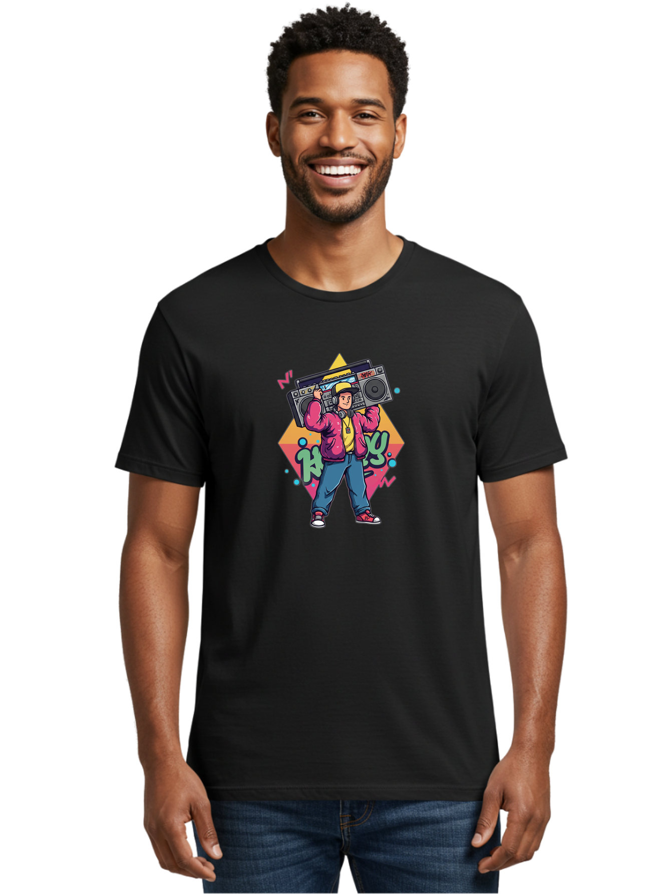 Hip-Hop-Boy Men'S Graphic Tee, 100% Cotton, Comfortable Casual Summer Wear, Machine Washable, Hip Hop Culture, Streetwear Fashion, Boombox Music, Graffiti Art, Retro Style, Urban Lifestyle, Cool Attitude, Vintage Vibes, Rap Music, Bad196