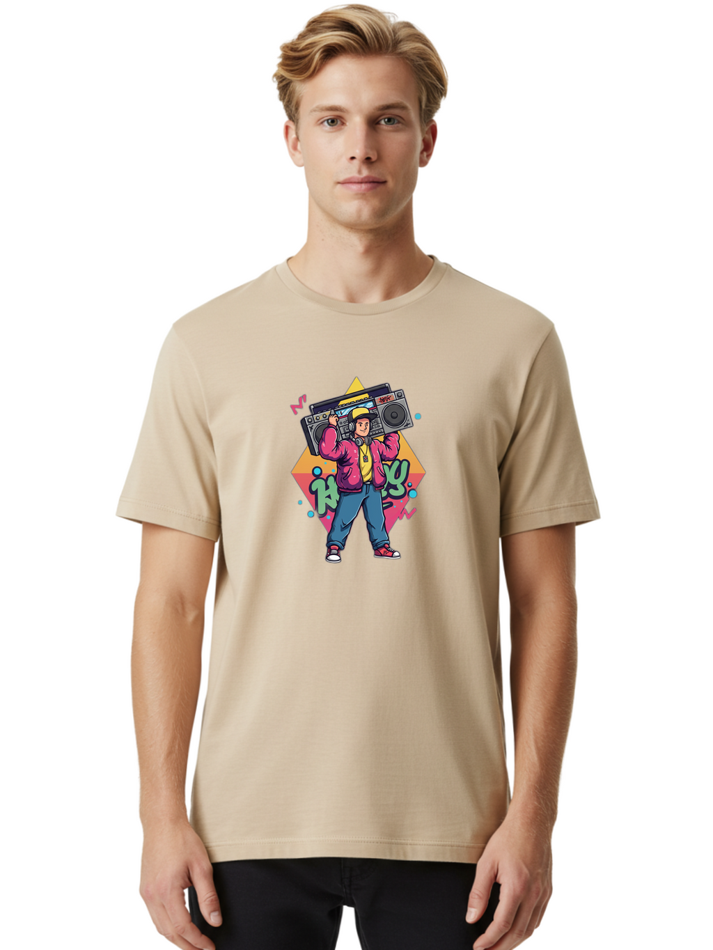 Hip-Hop-Boy Men'S Graphic Tee, 100% Cotton, Comfortable Casual Summer Wear, Machine Washable, Hip Hop Culture, Streetwear Fashion, Boombox Music, Graffiti Art, Retro Style, Urban Lifestyle, Cool Attitude, Vintage Vibes, Rap Music, Bad196