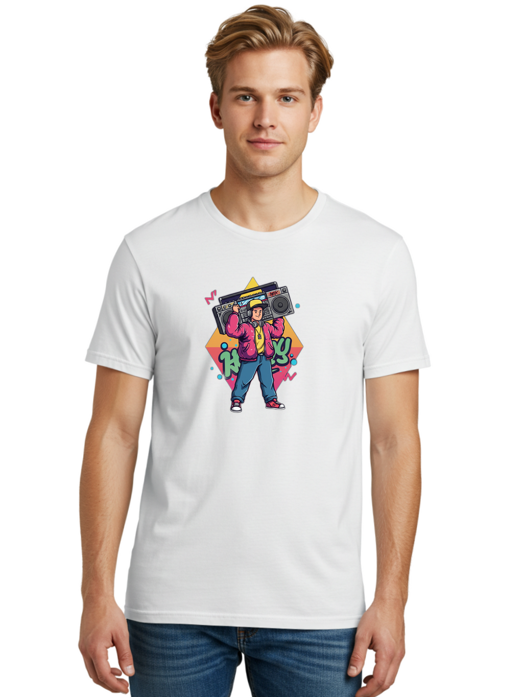 Hip-Hop-Boy Men'S Graphic Tee, 100% Cotton, Comfortable Casual Summer Wear, Machine Washable, Hip Hop Culture, Streetwear Fashion, Boombox Music, Graffiti Art, Retro Style, Urban Lifestyle, Cool Attitude, Vintage Vibes, Rap Music, Bad196