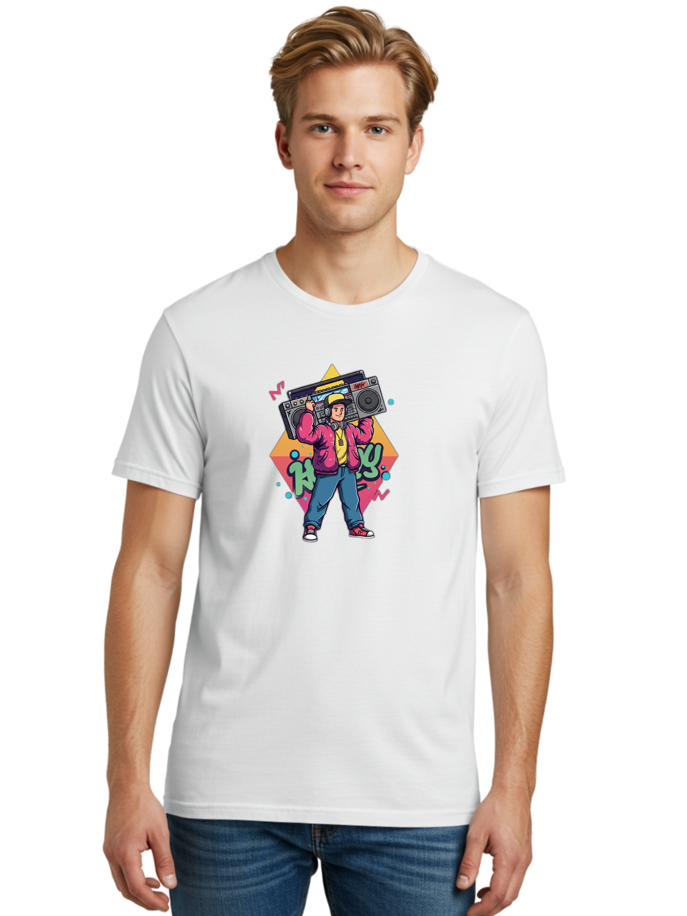 Hip-Hop-Boy Men'S Graphic Tee, 100% Cotton, Comfortable Casual Summer Wear, Machine Washable, Hip Hop Culture, Streetwear Fashion, Boombox Music, Graffiti Art, Retro Style, Urban Lifestyle, Cool Attitude, Vintage Vibes, Rap Music, Bad196
