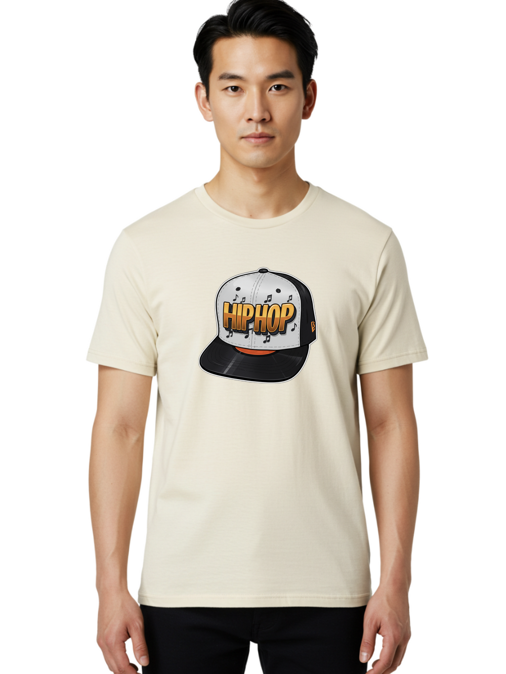 Hip-Hop Men'S Graphic Tee, 100% Cotton, Comfortable Casual Summer Wear, Machine Washable, Hip Hop Hat, Snapback Cap, Streetwear Fashion, Musical Notes, Bold Graphics, Urban Style, Trendy Accessories, Rap Culture, Stylish Headwear, Bad197