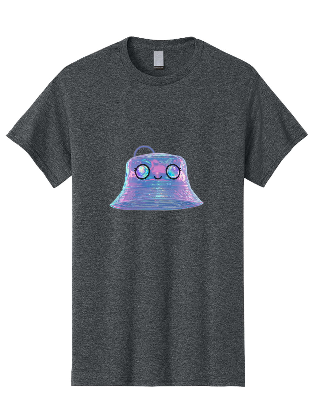 Holographic-Bell Men'S Graphic Tee, 100% Cotton, Comfortable Casual Summer Wear, Machine Washable, Iridescent Bell, Holographic Sheen, Kawaii Character, Cartoon-Style Eyes, Happy Face, Shiny Appearance, Purple And Blue Hues, Bad198