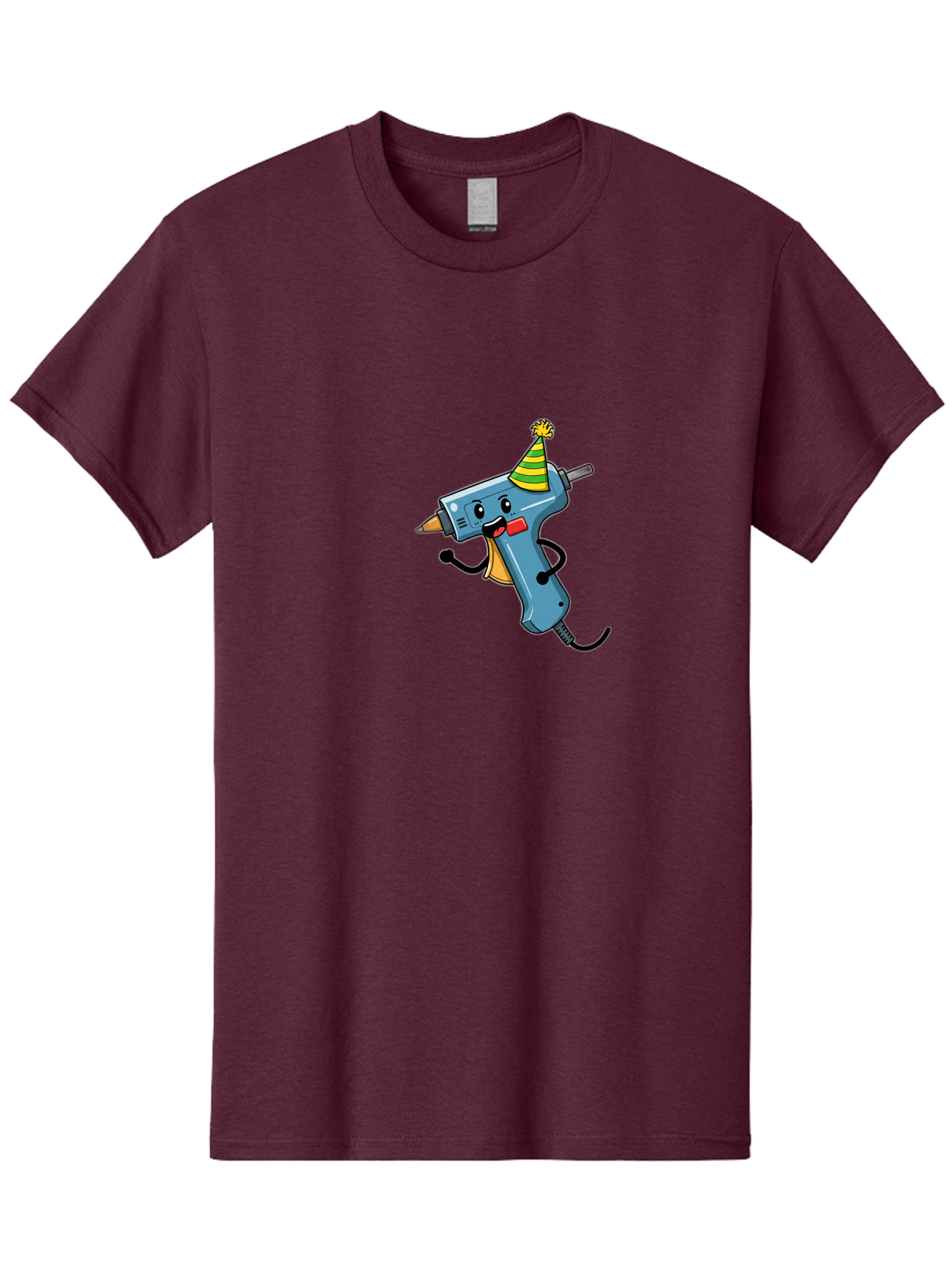Hot-Glue-Gun Men'S Graphic Tee, 100% Cotton, Comfortable Casual Summer Wear, Machine Washable, Hot Glue Gun Character, Party Hat, Cartoon Style, Happy Expression, Crafting Tool, Diy Accessory, Arts And Crafts Bad201