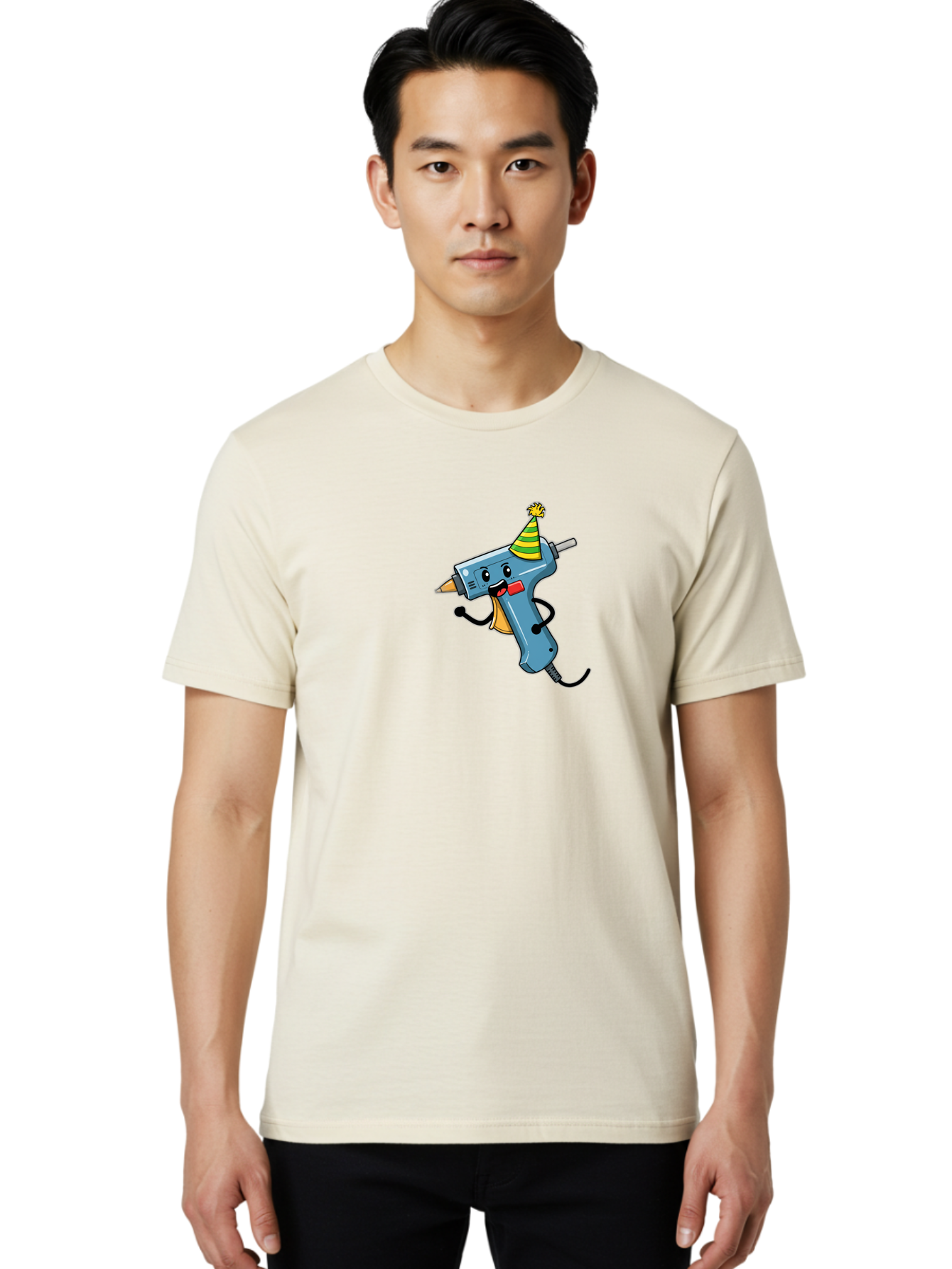 Hot-Glue-Gun Men'S Graphic Tee, 100% Cotton, Comfortable Casual Summer Wear, Machine Washable, Hot Glue Gun Character, Party Hat, Cartoon Style, Happy Expression, Crafting Tool, Diy Accessory, Arts And Crafts Bad201