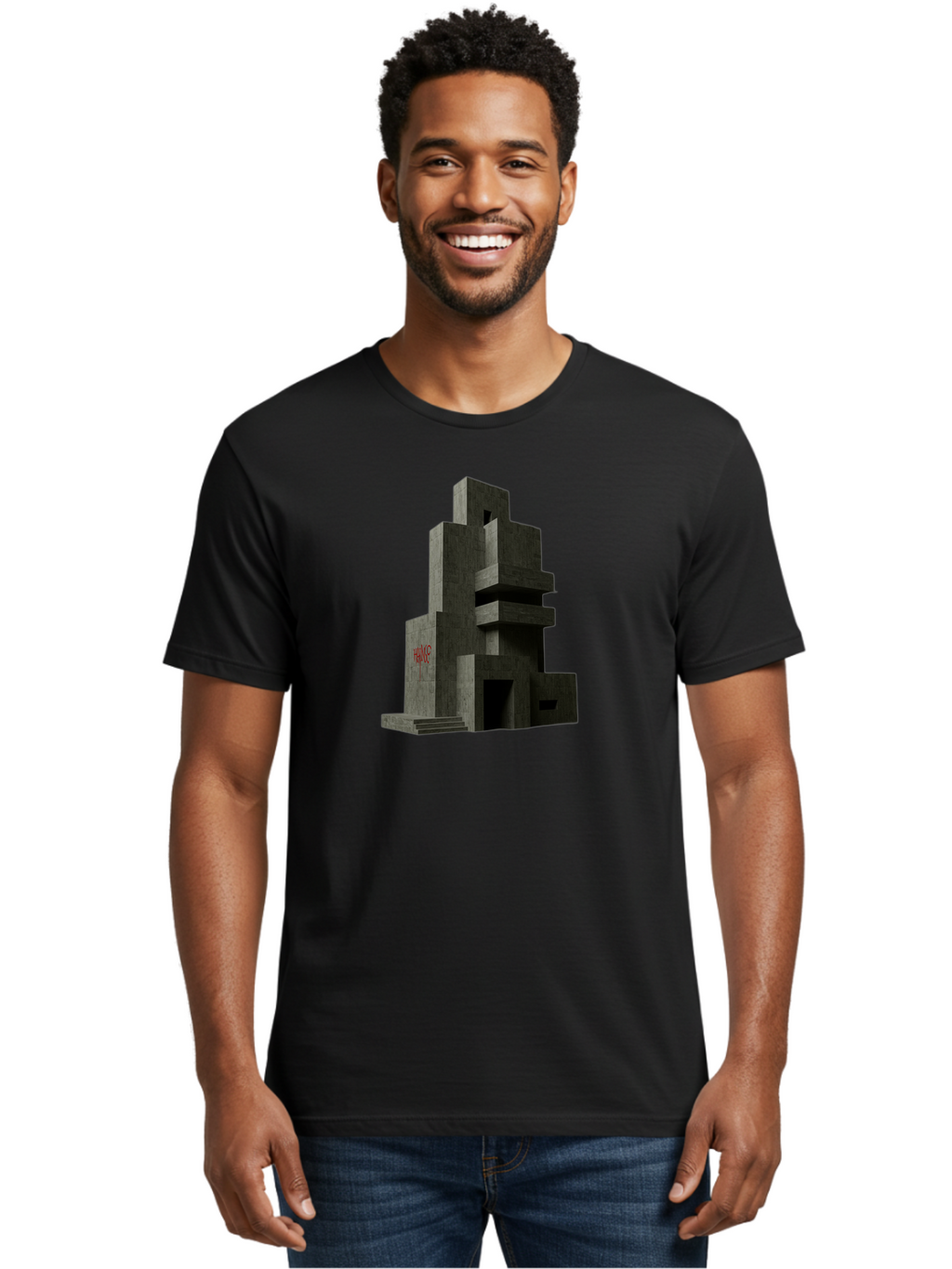 House Men'S Graphic Tee, 100% Cotton, Comfortable Casual Summer Wear, Machine Washable, Futuristic Architecture, Dark Gray Building, Abstract Design, Modern Style, Geometric Shapes, Red Signage, Avant-Garde, Sleek Lines, Concrete Texture Bad202