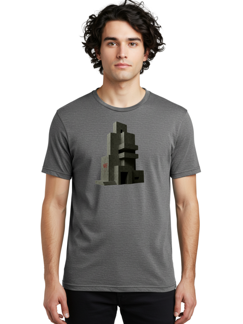 House Men'S Graphic Tee, 100% Cotton, Comfortable Casual Summer Wear, Machine Washable, Futuristic Architecture, Dark Gray Building, Abstract Design, Modern Style, Geometric Shapes, Red Signage, Avant-Garde, Sleek Lines, Concrete Texture Bad202