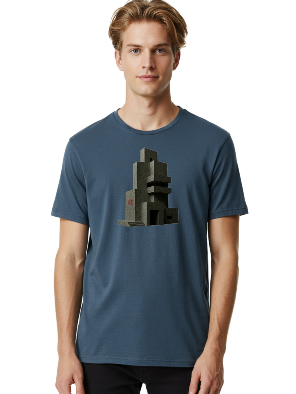 House Men'S Graphic Tee, 100% Cotton, Comfortable Casual Summer Wear, Machine Washable, Futuristic Architecture, Dark Gray Building, Abstract Design, Modern Style, Geometric Shapes, Red Signage, Avant-Garde, Sleek Lines, Concrete Texture Bad202