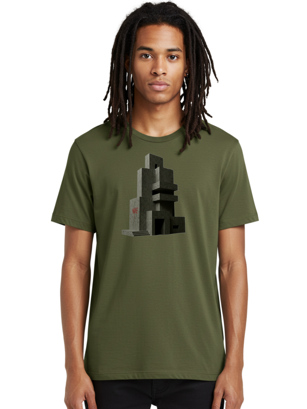 House Men'S Graphic Tee, 100% Cotton, Comfortable Casual Summer Wear, Machine Washable, Futuristic Architecture, Dark Gray Building, Abstract Design, Modern Style, Geometric Shapes, Red Signage, Avant-Garde, Sleek Lines, Concrete Texture Bad202
