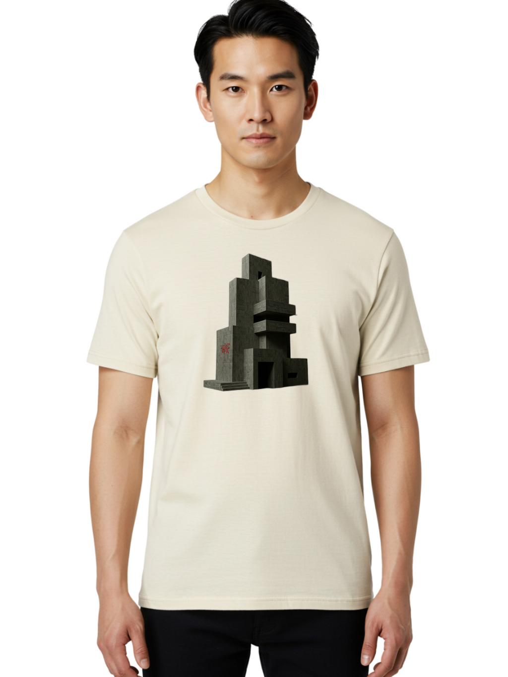 House Men'S Graphic Tee, 100% Cotton, Comfortable Casual Summer Wear, Machine Washable, Futuristic Architecture, Dark Gray Building, Abstract Design, Modern Style, Geometric Shapes, Red Signage, Avant-Garde, Sleek Lines, Concrete Texture Bad202