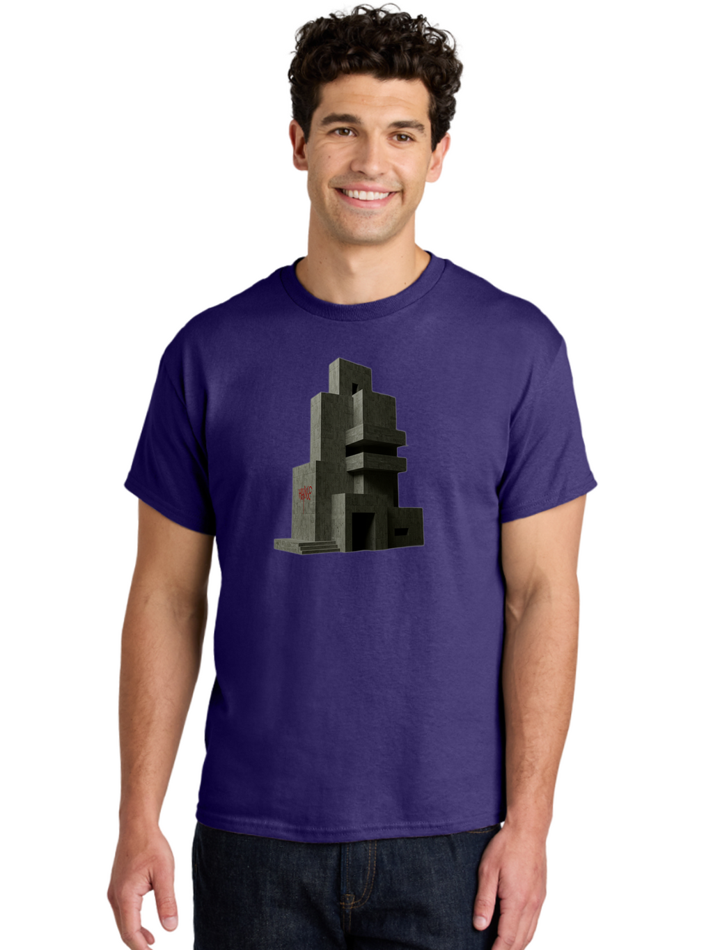 House Men'S Graphic Tee, 100% Cotton, Comfortable Casual Summer Wear, Machine Washable, Futuristic Architecture, Dark Gray Building, Abstract Design, Modern Style, Geometric Shapes, Red Signage, Avant-Garde, Sleek Lines, Concrete Texture Bad202