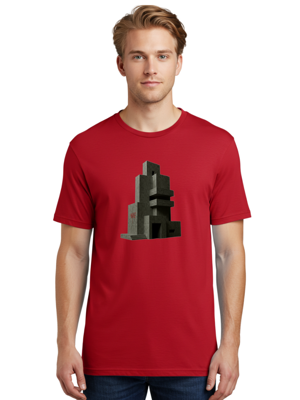 House Men'S Graphic Tee, 100% Cotton, Comfortable Casual Summer Wear, Machine Washable, Futuristic Architecture, Dark Gray Building, Abstract Design, Modern Style, Geometric Shapes, Red Signage, Avant-Garde, Sleek Lines, Concrete Texture Bad202